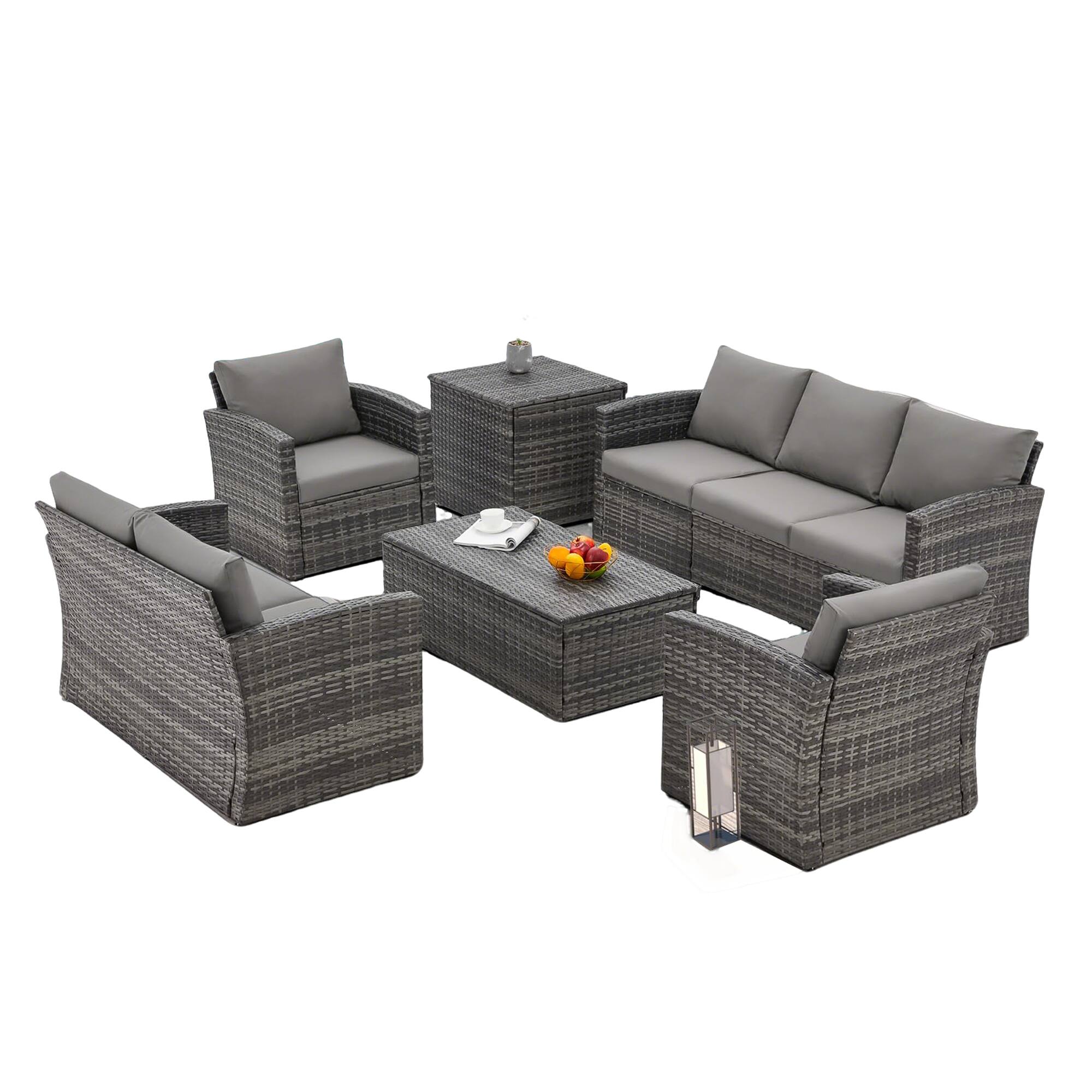 Angle. Mondawe - 7-Piece Rattan Storage Seating Set with Coffee Table and Side Table - Blue+Grey.