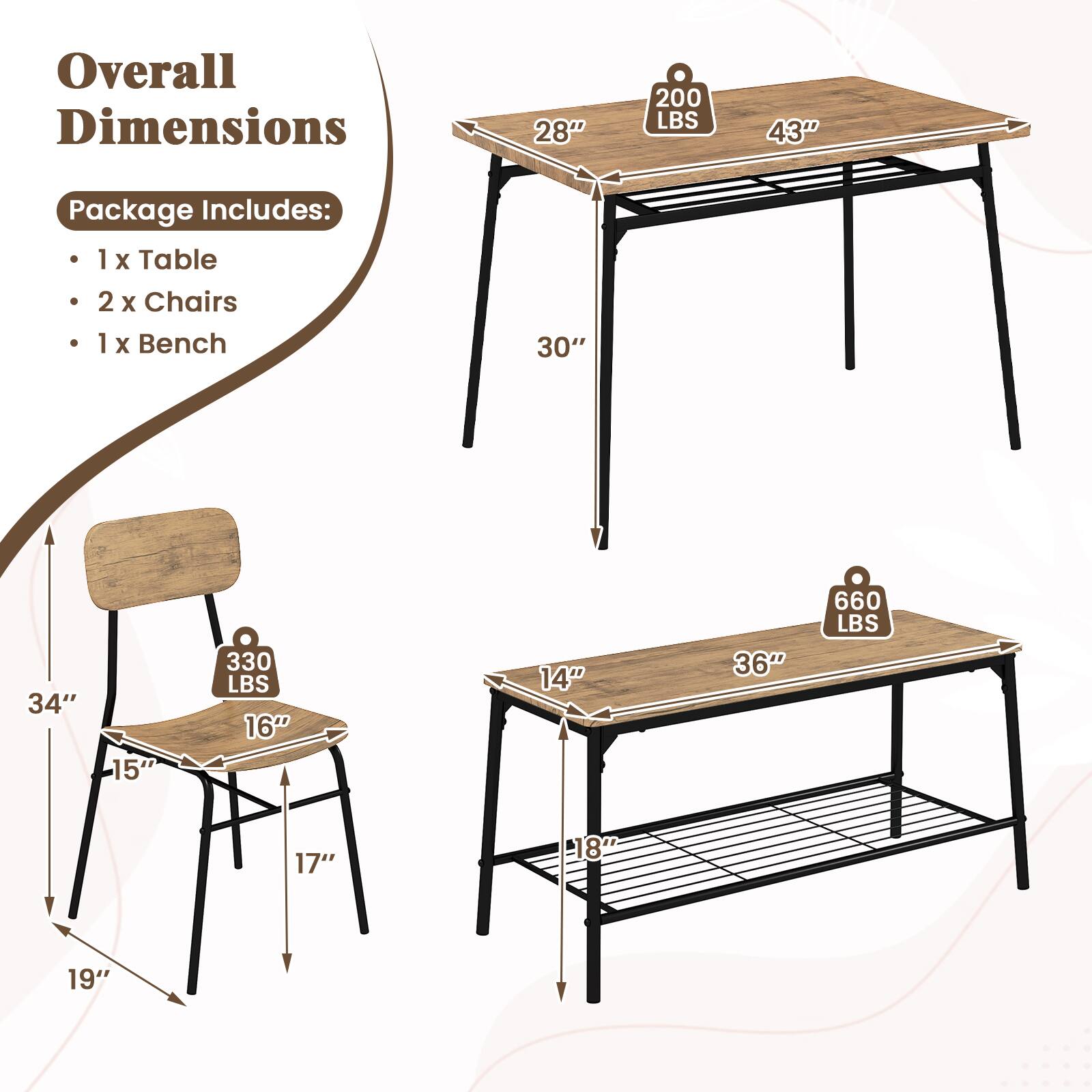 Overall Dimensions  
Package Includes:  
- 1 x Table  
- 2 x Chairs  
- 1 x Bench  

Table:  
- 28" W x 43" L x 30" H  
- 200 LBS  

Chairs:  
- 16" W x 17" D x 34" H  
- 15" Seat Height  
- 330 LBS  

Bench:  
- 36" W x 14" D x 18" H  
- 660 LBS