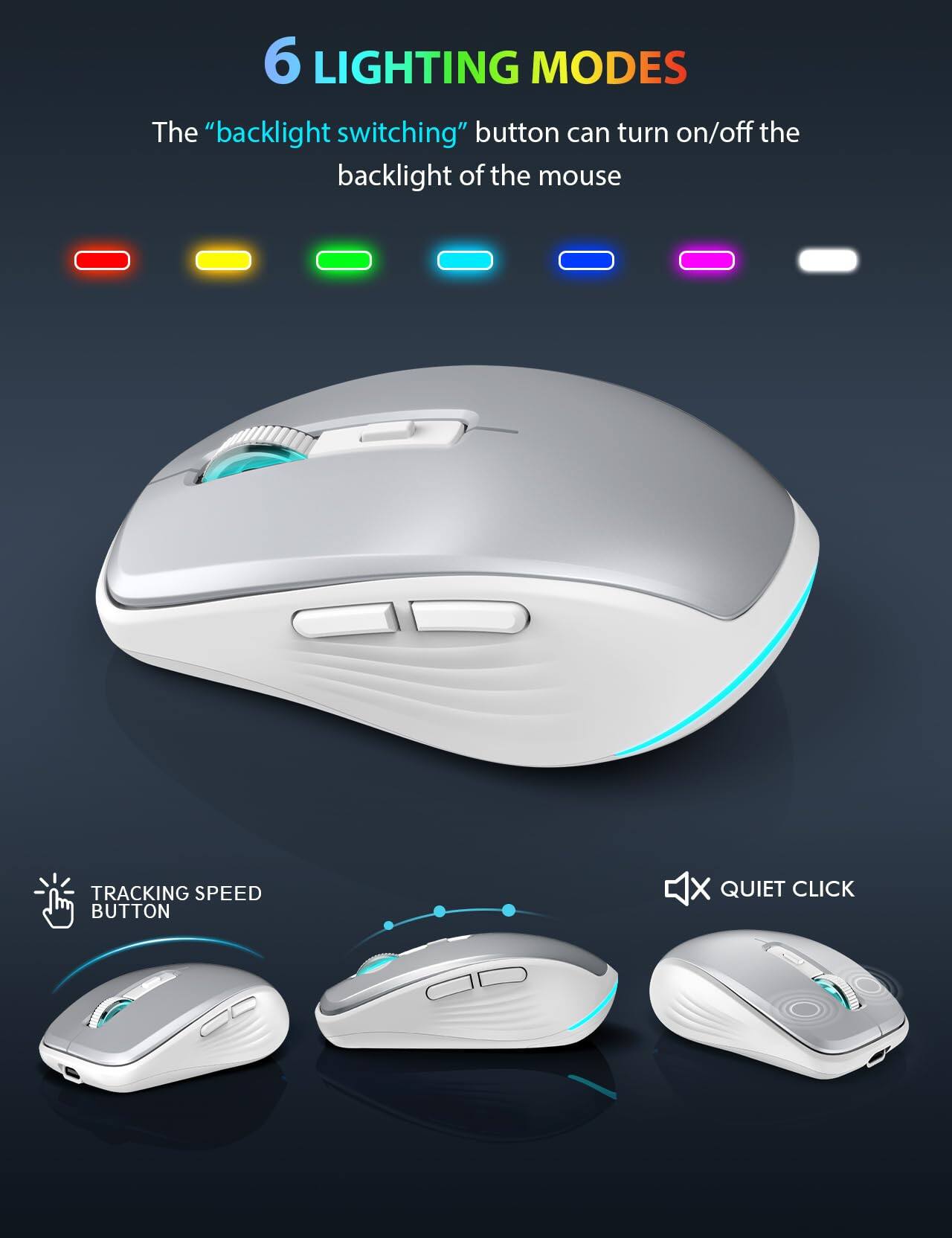 6 LIGHTING MODES

The "backlight switching" button can turn on/off the backlight of the mouse

TRACKING SPEED BUTTON

QUIET CLICK
