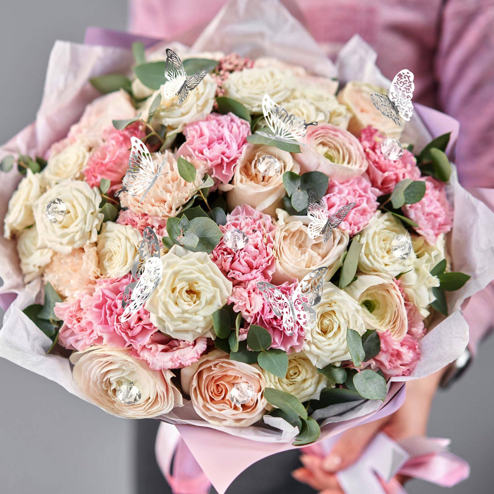 Alt View 1. Stylel Star - 148 Flower Bouquet Accessories with 100Pcs Corsage Pins and 48Pcs 3D Butterfly Decorations for Valentines Wedding Birthd - Default.