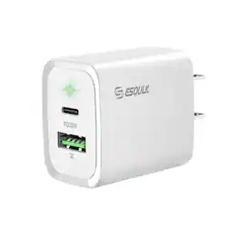 Esoulk - For iPhone 17 17e Pro Max Samsung S26 Ultra 2-Port Fast Wall Charger Adapter 20W PD USB-C + QC Quick Charge - White