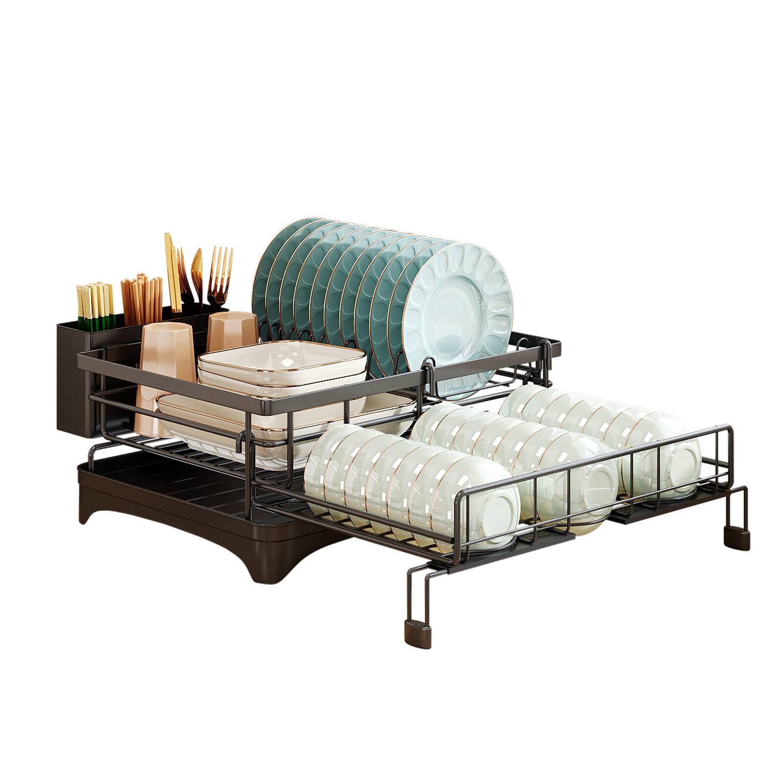 Left. Malletson - Dish Drying Rack,Extendable Dish Rack with Cutlery Holder, Anti-Rust Black Dish Racks for Kitchen Counter - Black.