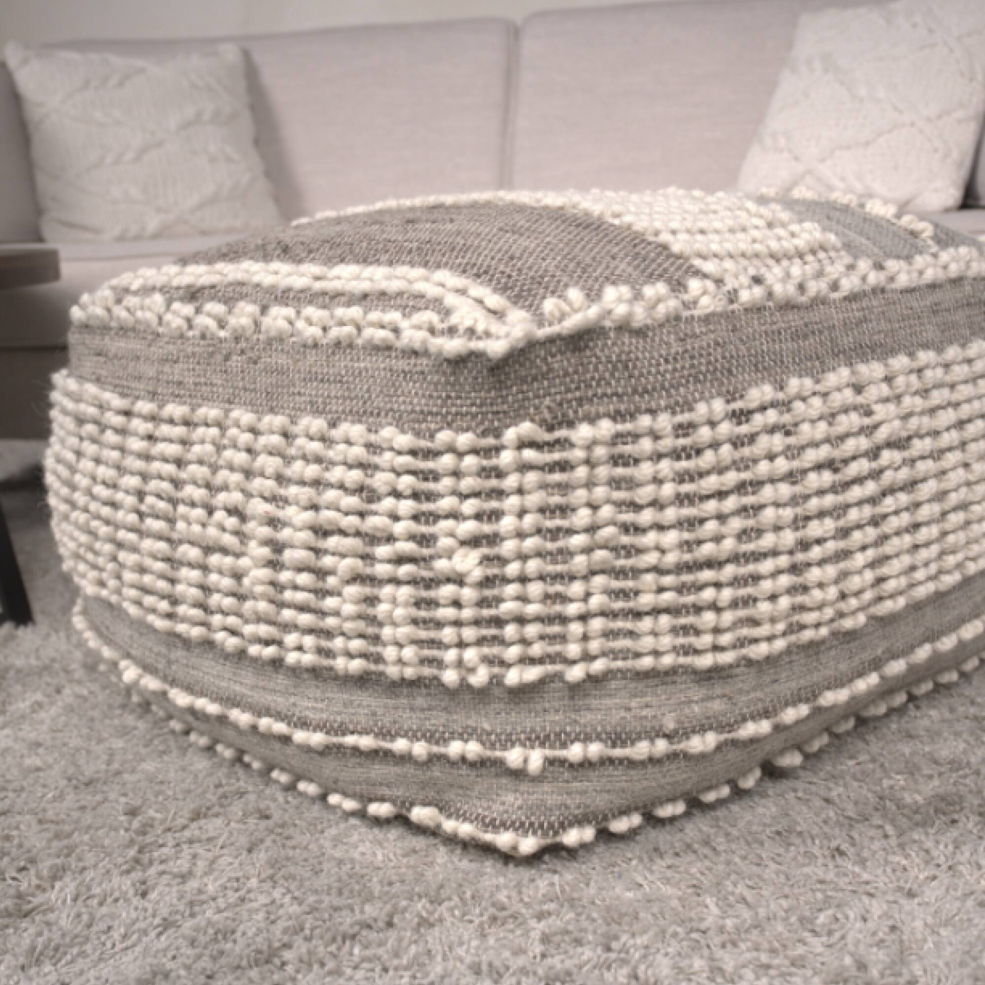 Front. GOODSILO - Handcrafted Rustic Large Wool and Cotton Pouf Ottoman Footstool for Cozy Home Decor - Brown+Beige.