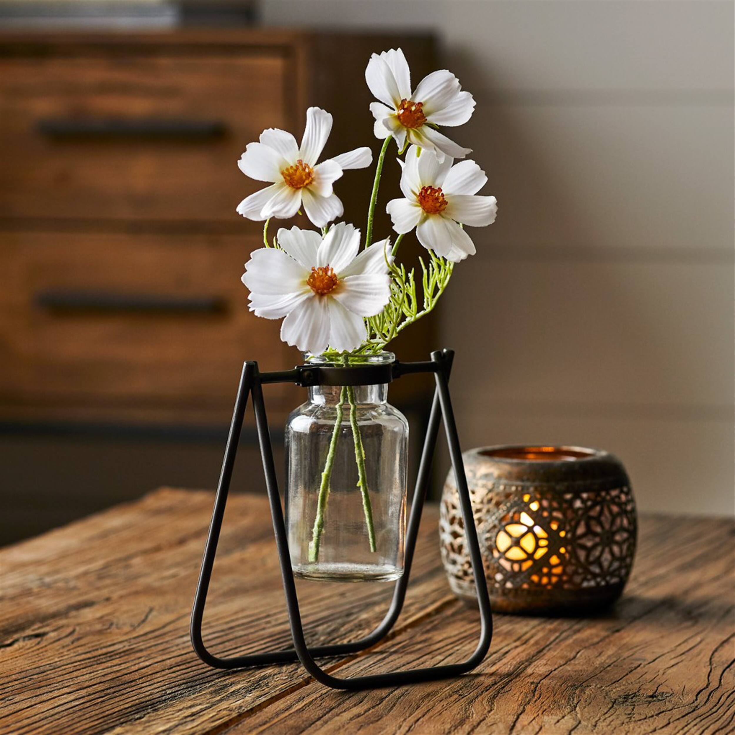 Angle. BreeBe - Hanging Glass Jar Vase with Metal Stand (Set of 2) - Brown, Clear.