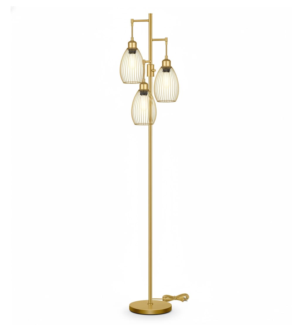 FINEAK - Dimmable Farmhouse Industrial Floor Lamp with 3 x 800LM LED Edison Bulbs - Standing Tree Lamp with Teardrop Cage - Gold