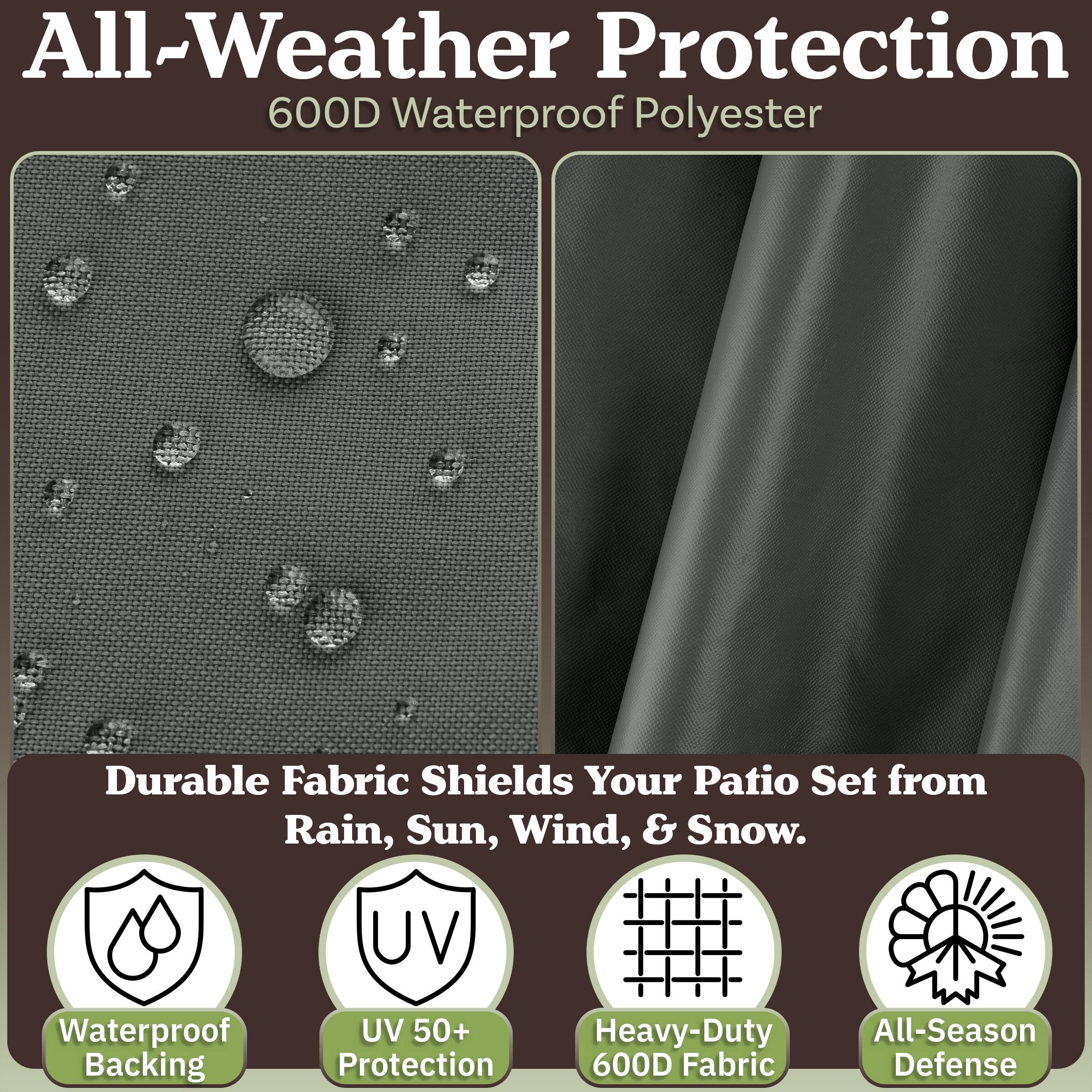 All-Weather Protection  
600D Waterproof Polyester  

Durable Fabric Shields Your Patio Set from Rain, Sun, Wind, & Snow.  

- Waterproof Backing  
- UV 50+ Protection  
- Heavy-Duty 600D Fabric  
- All-Season Defense
