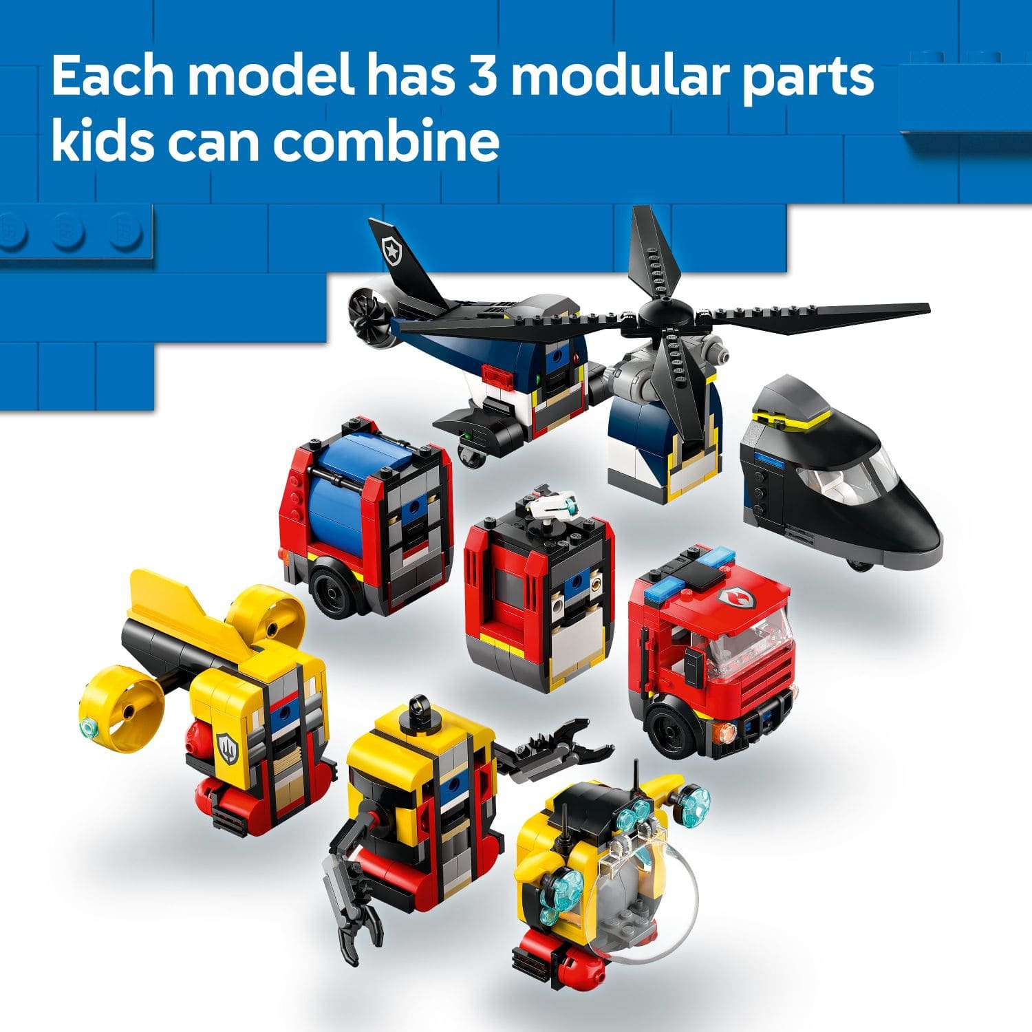 Each model has three modular parts that kids can combine.