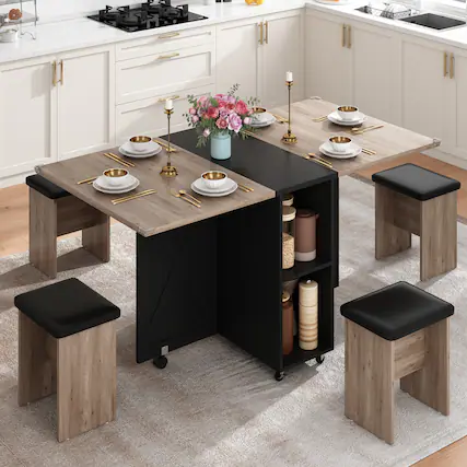 Front. Espafurni - 5 -PCS Dining Table Set - 60" Folding,4 Leather Chairs, Drop Leaf for Small Spaces,6 Wheels, 2 Layer Shelf - Grey & Black.