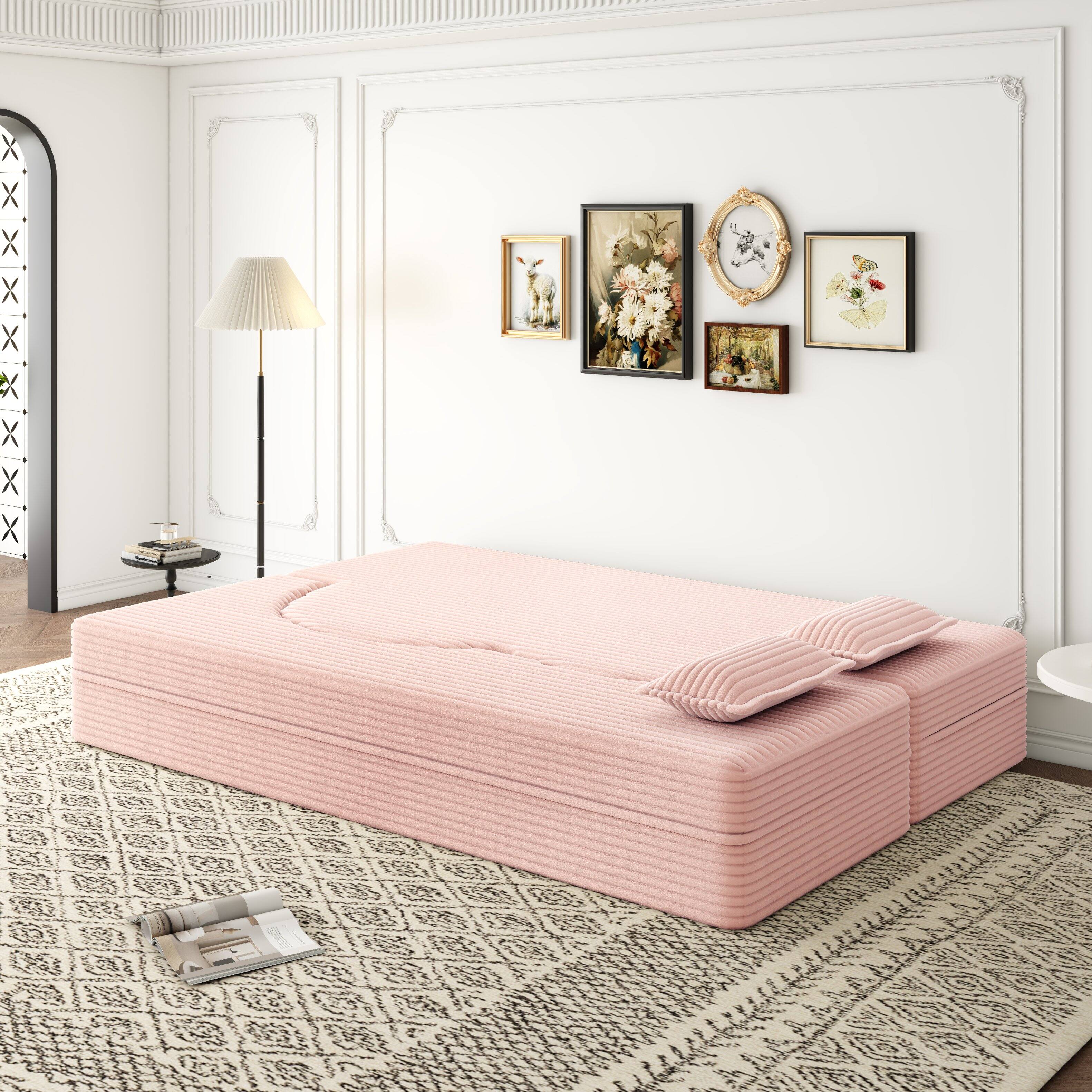 Alt View 1. Trinkets Crazed - Convertible Sleeper Sofa Bed,15" Thick Full Size Folding Floor Couch, Corduroy Foam-Filled Futon Loveseat Couch - Baby Pink.