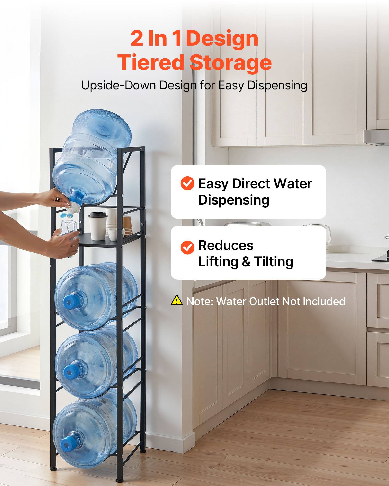 2 In 1 Design Tiered Storage  
Upside-Down Design for Easy Dispensing  
Easy Direct Water Dispensing  
Reduces Lifting & Tilting  
Note: Water Outlet Not Included