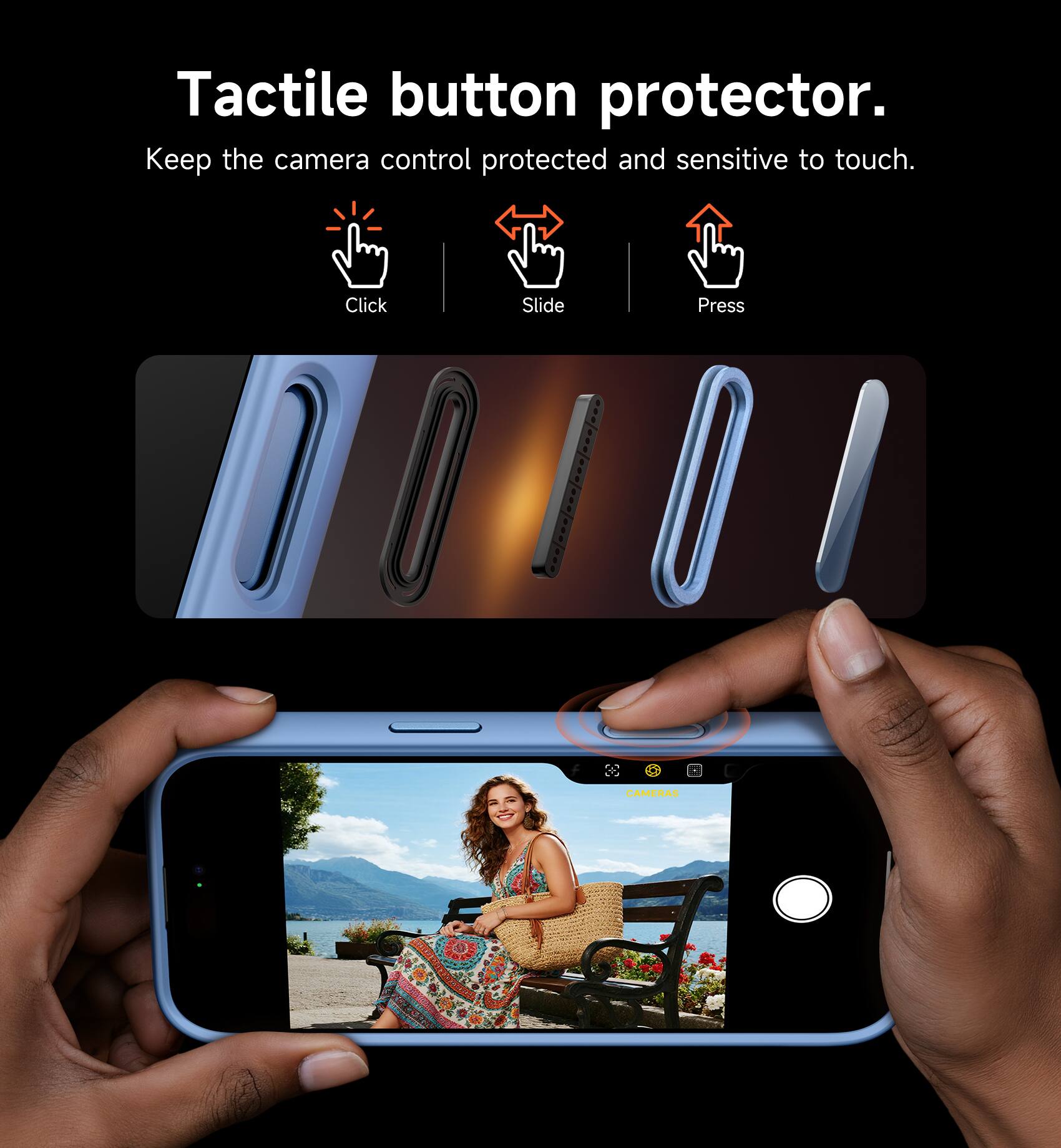 Tactile button protector.  
Keep the camera control protected and sensitive to touch.  
Click  
Slide  
Press  
CAMERAS