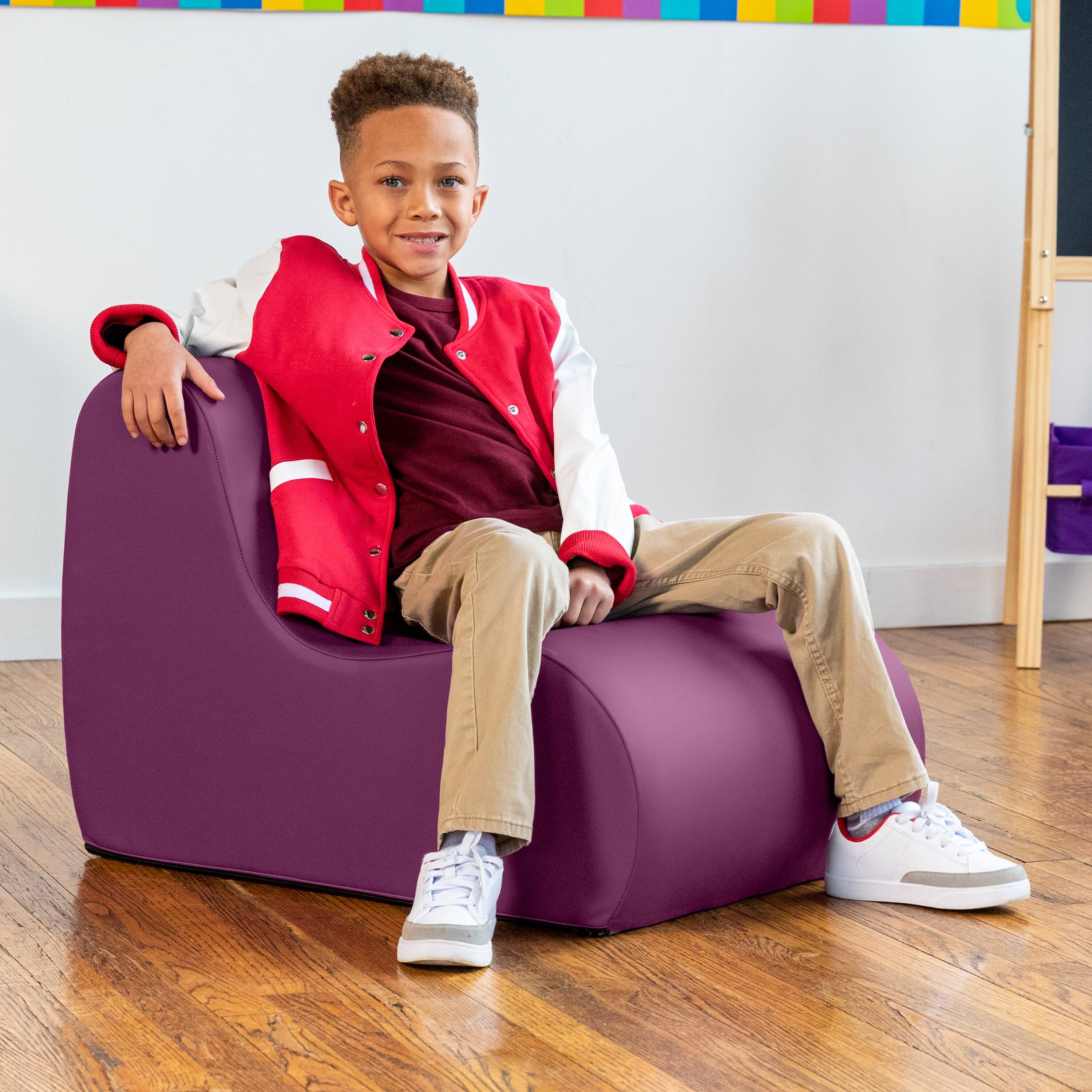 Left. Jaxx - Jaxx Midtown Small Classroom Soft Foam Chair - Premium Vinyl Cover, Purple - Purple.