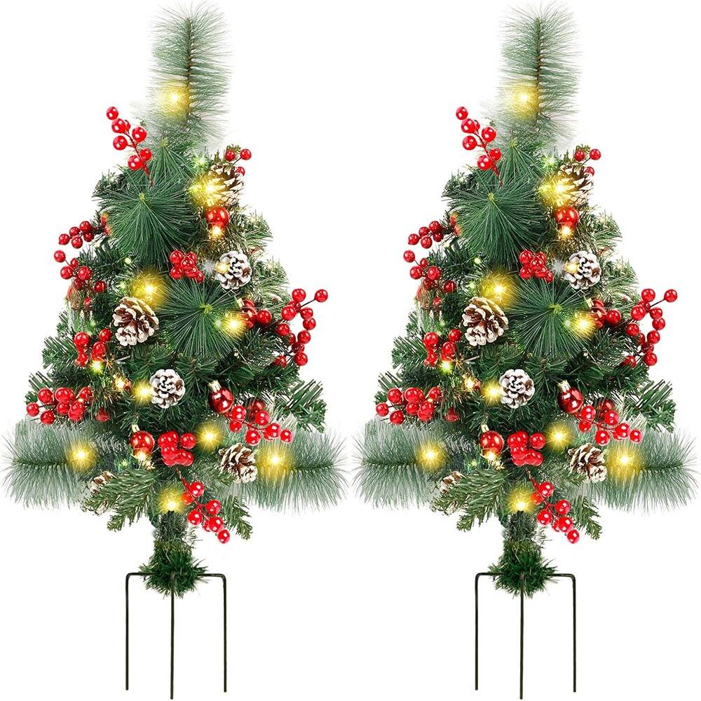 Front. RTMB - 2-Pack 2' Pre-Lit Christmas Trees, Battery Operated, Outdoor Yard Decor ✅ - Green,Red: Style: Traditional.