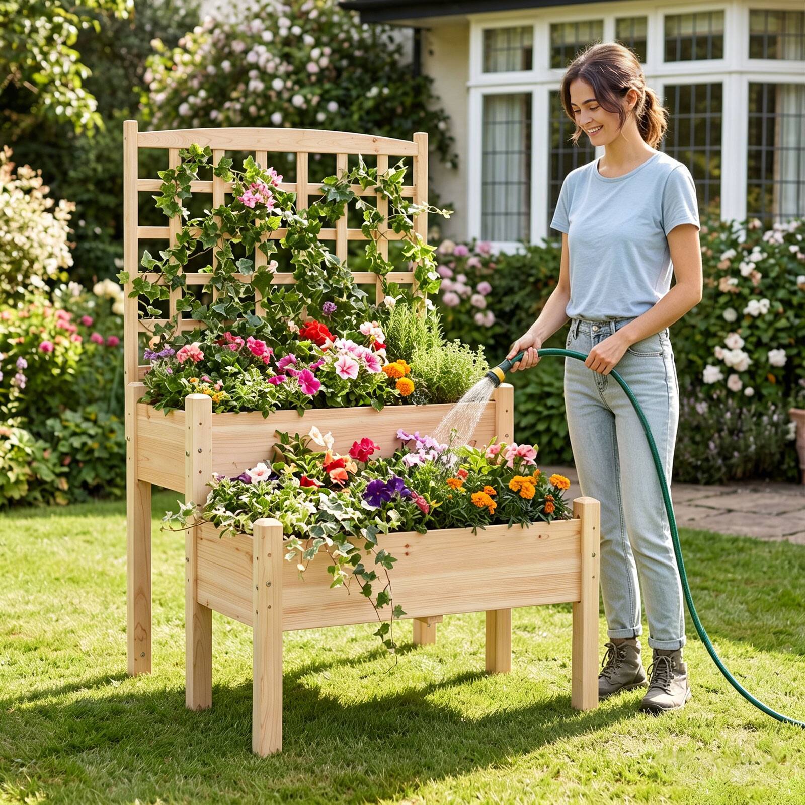 Alt View 3. Gymax - Gymax Raised Garden Bed w/ Trellis 2-Tier Elevated Planter Box for Climbing Plants - Yellow.