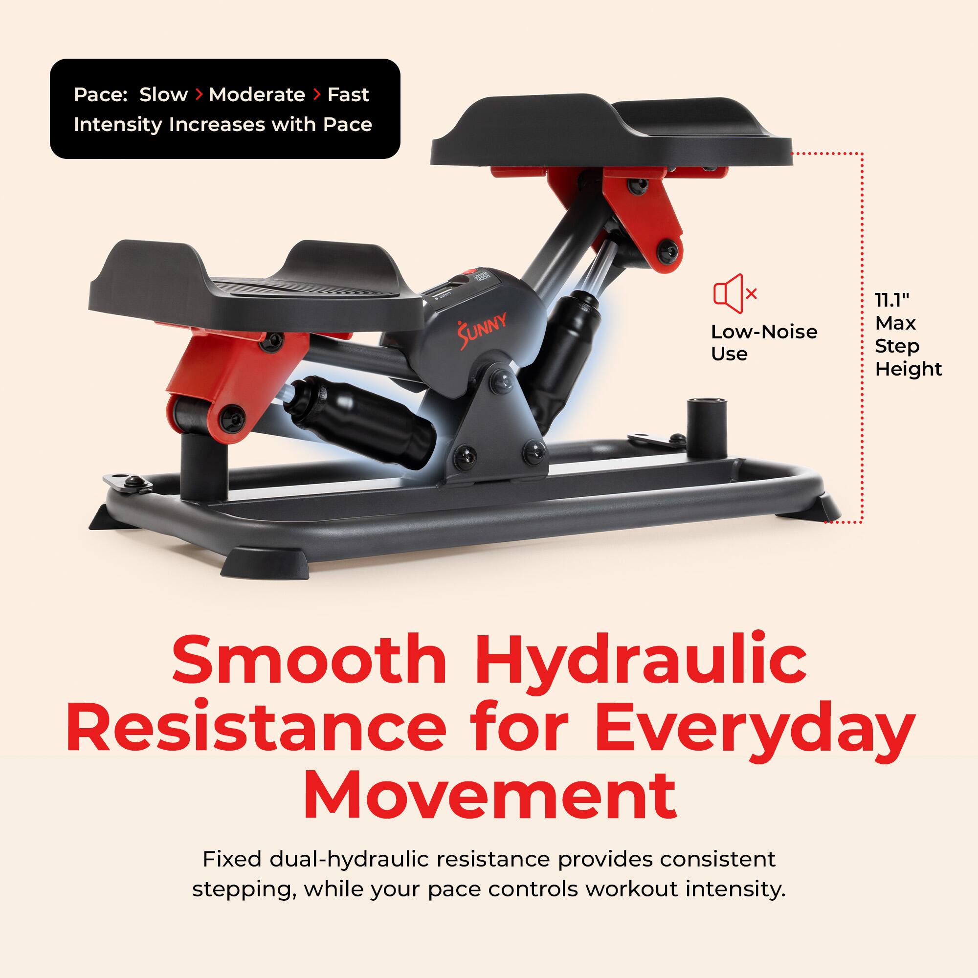 Pace: Slow > Moderate > Fast  
Intensity Increases with Pace

SUNNY

X Low-Noise Use

11.1" Max Step Height

Smooth Hydraulic Resistance for Everyday Movement  
Fixed dual-hydraulic resistance provides consistent stepping, while your pace controls workout intensity.