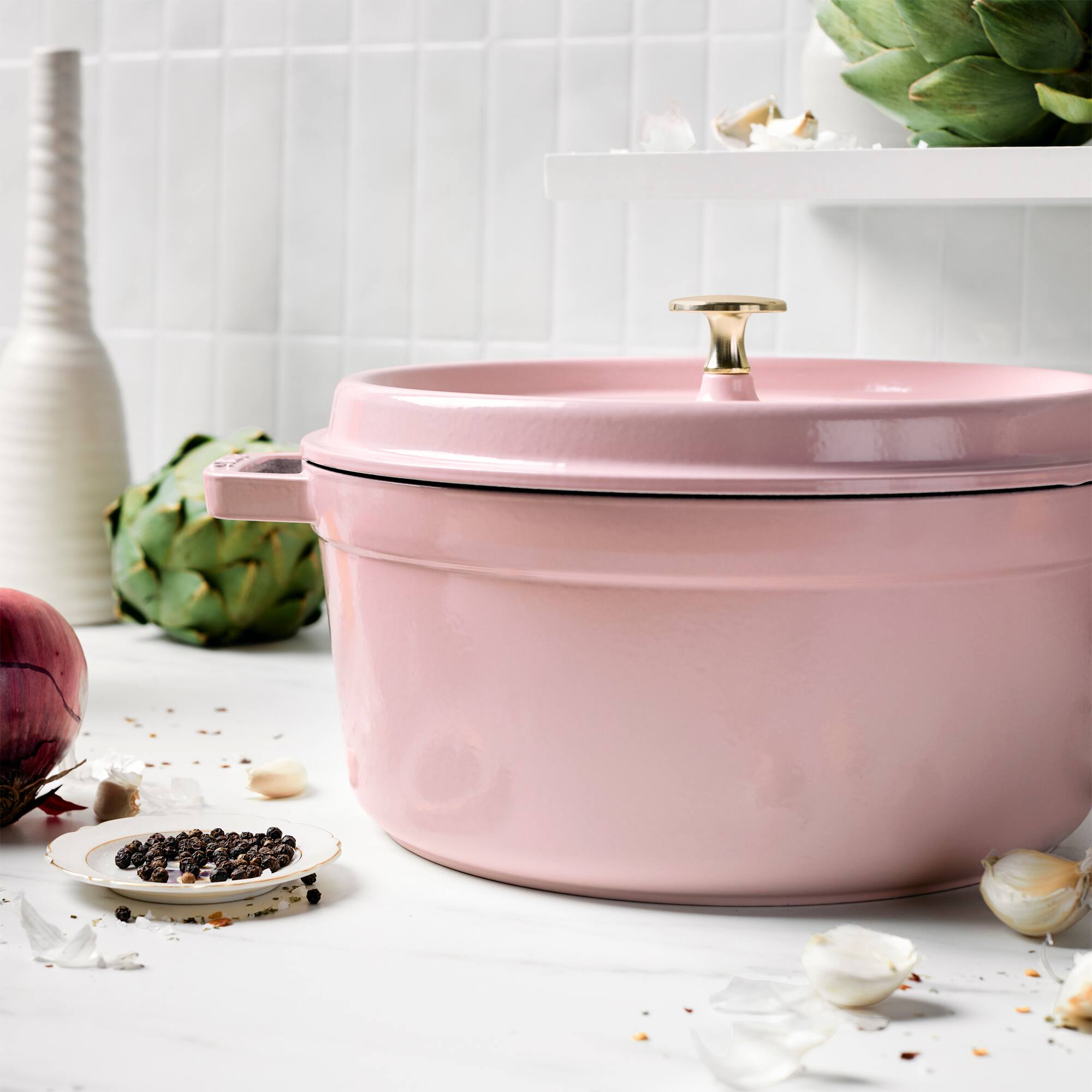 Alt View 3. Staub - Staub Cast Iron Round Cocotte 5.5-quart-Peony Pink - Pink Peony.