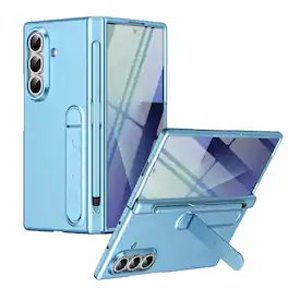 Dteck - for Samsung Galaxy Z Fold7 Matte Hard PC Case,Shockproof Hinge Cover Bulit in Screen Protector+Stylus+Kickstand - Lightblue