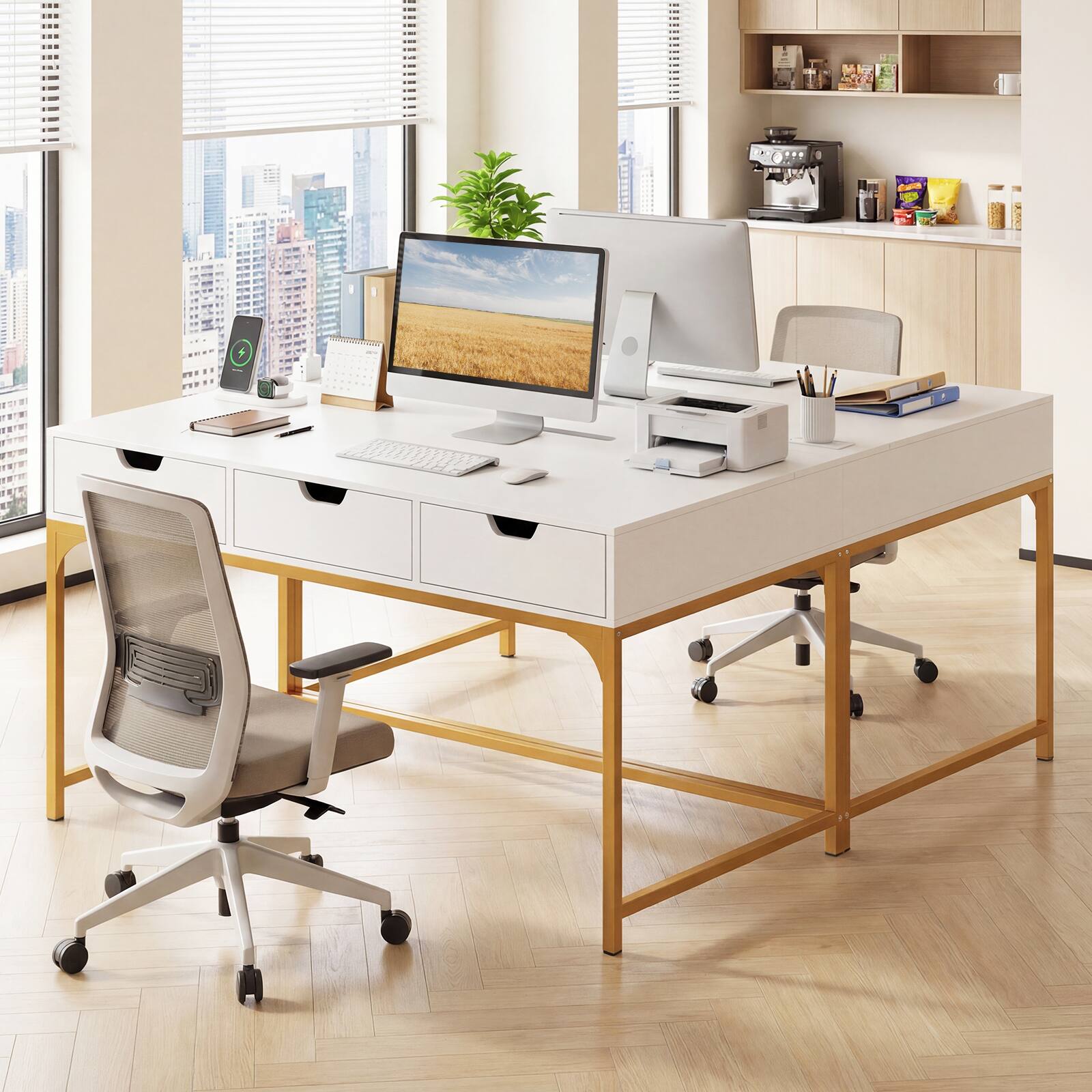 Alt View 4. Costway - Costway Office Desk with Power Outlets,43.5" Modern Writing Desk with Hidden Compartment - White & Gold.