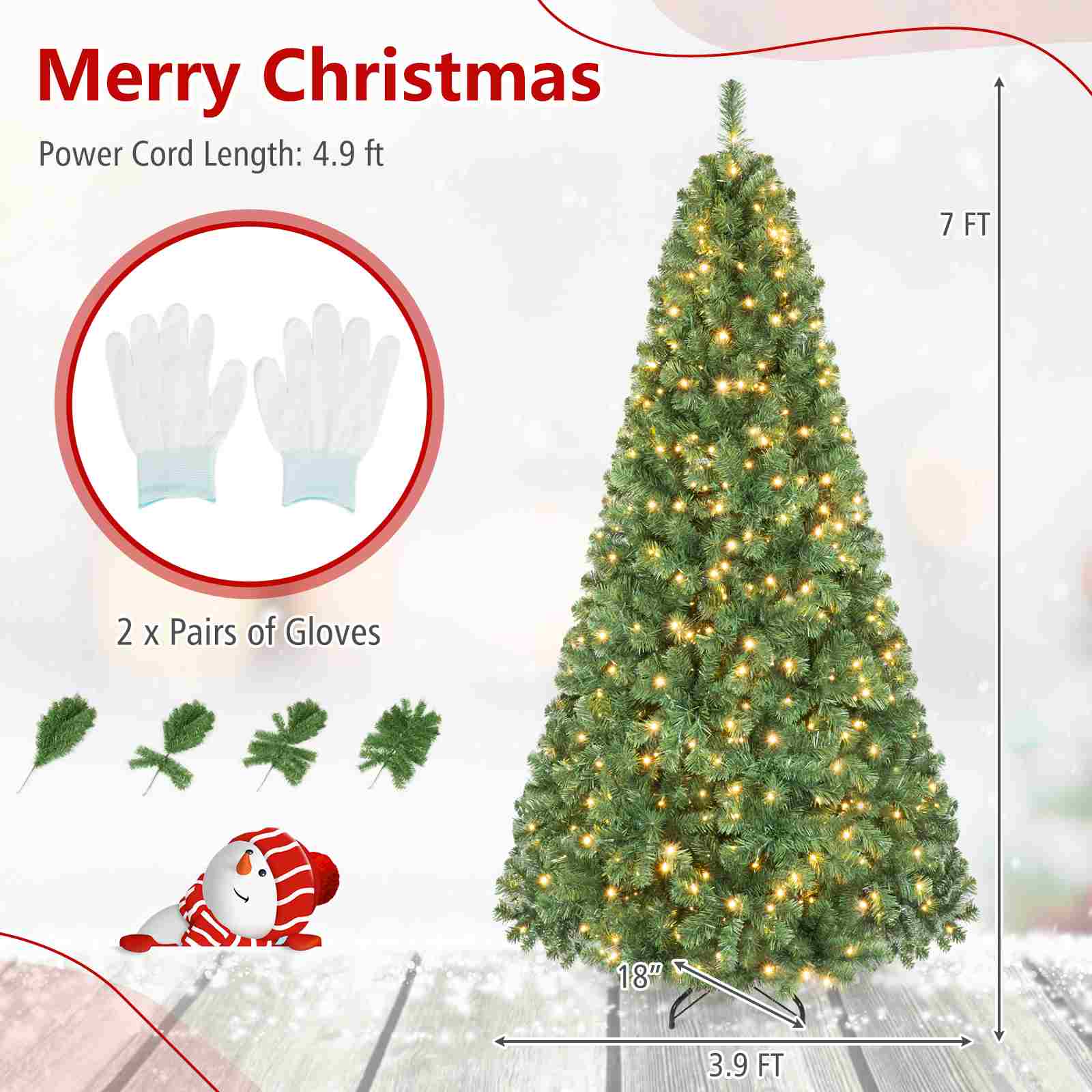 Merry Christmas  
Power Cord Length: 4.9 ft  
7 FT  
2 x Pairs of Gloves  
18"  
3.9 FT