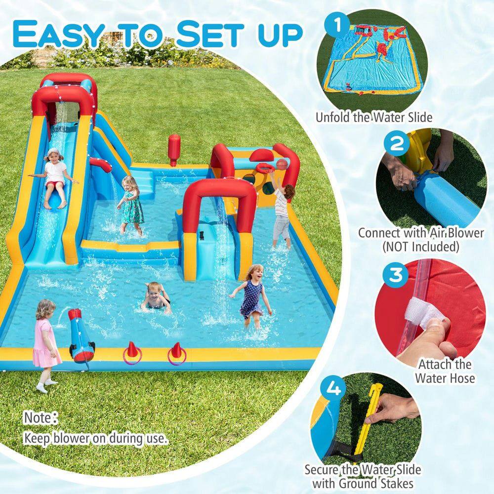 EASY TO SET UP

1. Unfold the Water Slide
2. Connect with Air Blower (NOT Included)
3. Attach the Water Hose
4. Secure the Water Slide with Ground Stakes

Note: Keep blower on during use.