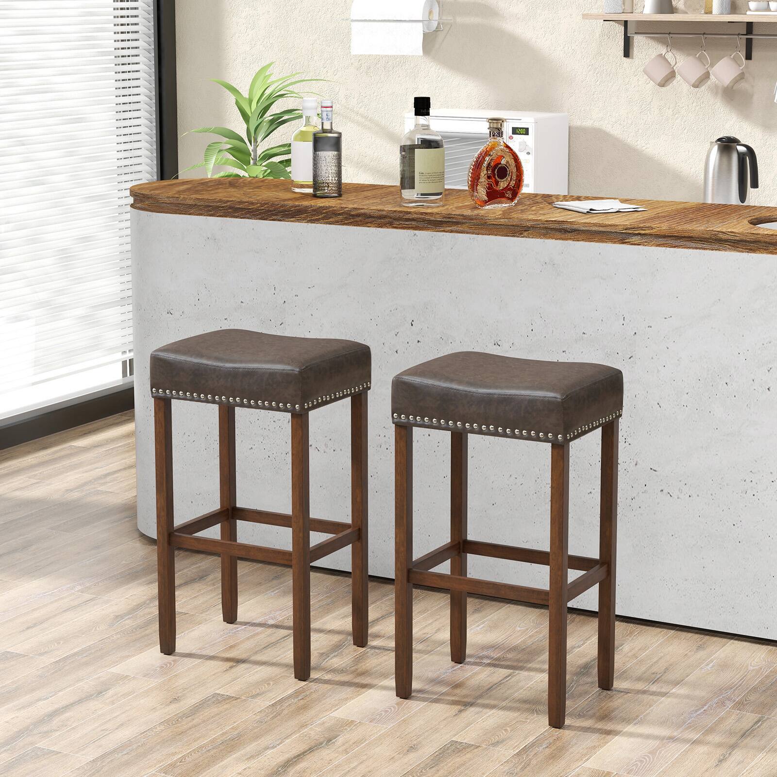 Alt View 3. Costway - 29.5" Wood Frame PU Leather Upholstered Bar Stools Set of 2 with Footrests - Gray+Brown.