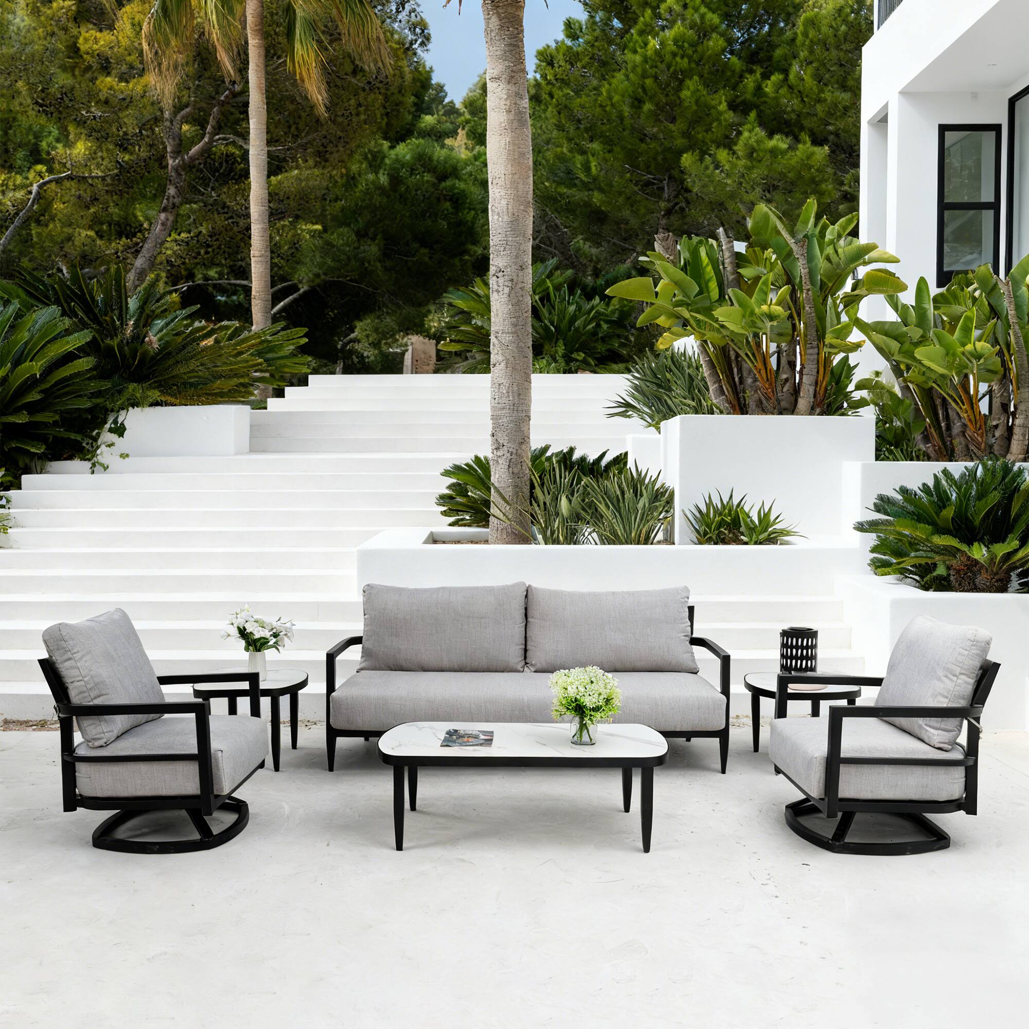 Left. Mondawe - 6-Piece Outdoor Conversation Set with Swivel Chair, Bench Sofa, Marble-Inspired Tables and Sunbrella Cushions - Ember Black+Grey.