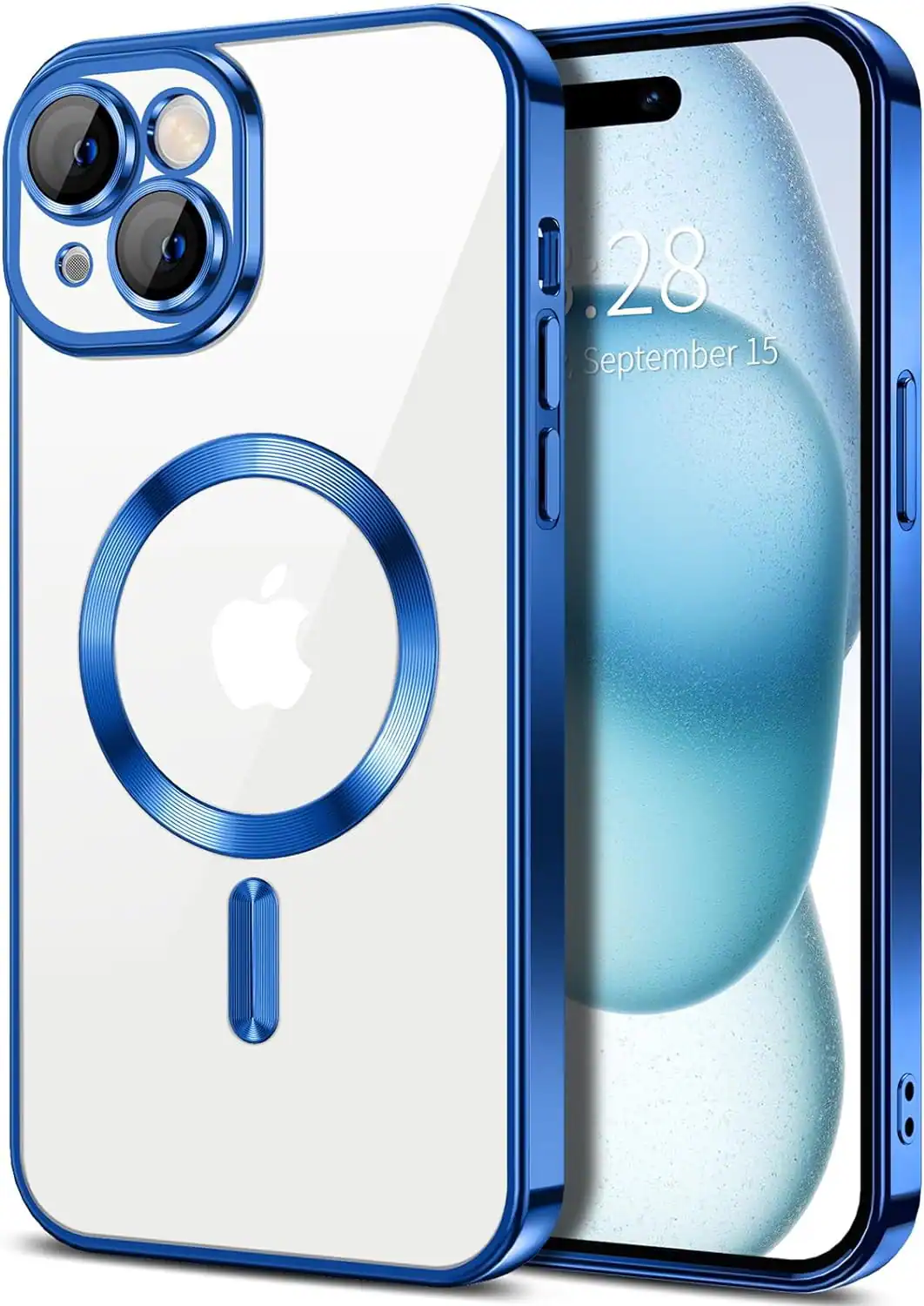 Entronix - Magnetic Case for iPhone 15 - Clear Back Luxury Glossy Cover - Blue