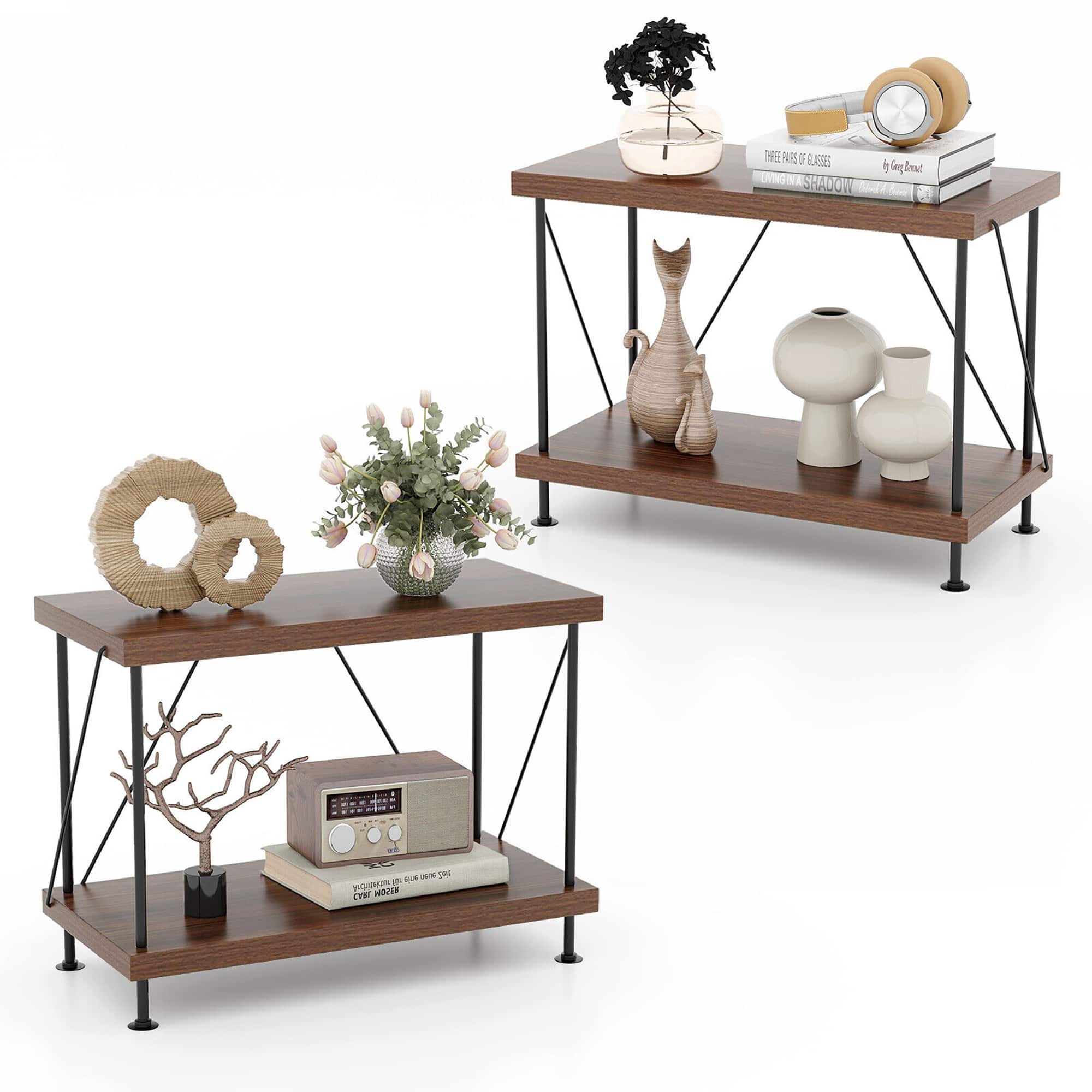 Gymax - 2PCS 2-Tier Multipurpose Display Rack Freestanding Bookshelf w/ Metal Frame - Walnut