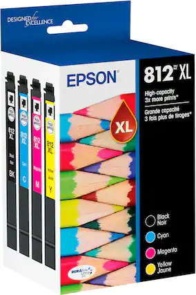 Designed for Excellence TM/MC EPSON 812 XL High-capacity 3x more prints* PUSHY Grande capacit APPOVEL PUSH de tirages* APPOTZ PUSH 3 fois plus APUYEZ PUSH 812 XL 812 XL 812 XL 812 XL Black Noir Cyan Magenta Yellow Jaune C M Y DURABrite Ultra INK Black Noir Cyan Magenta Yellow Jaune