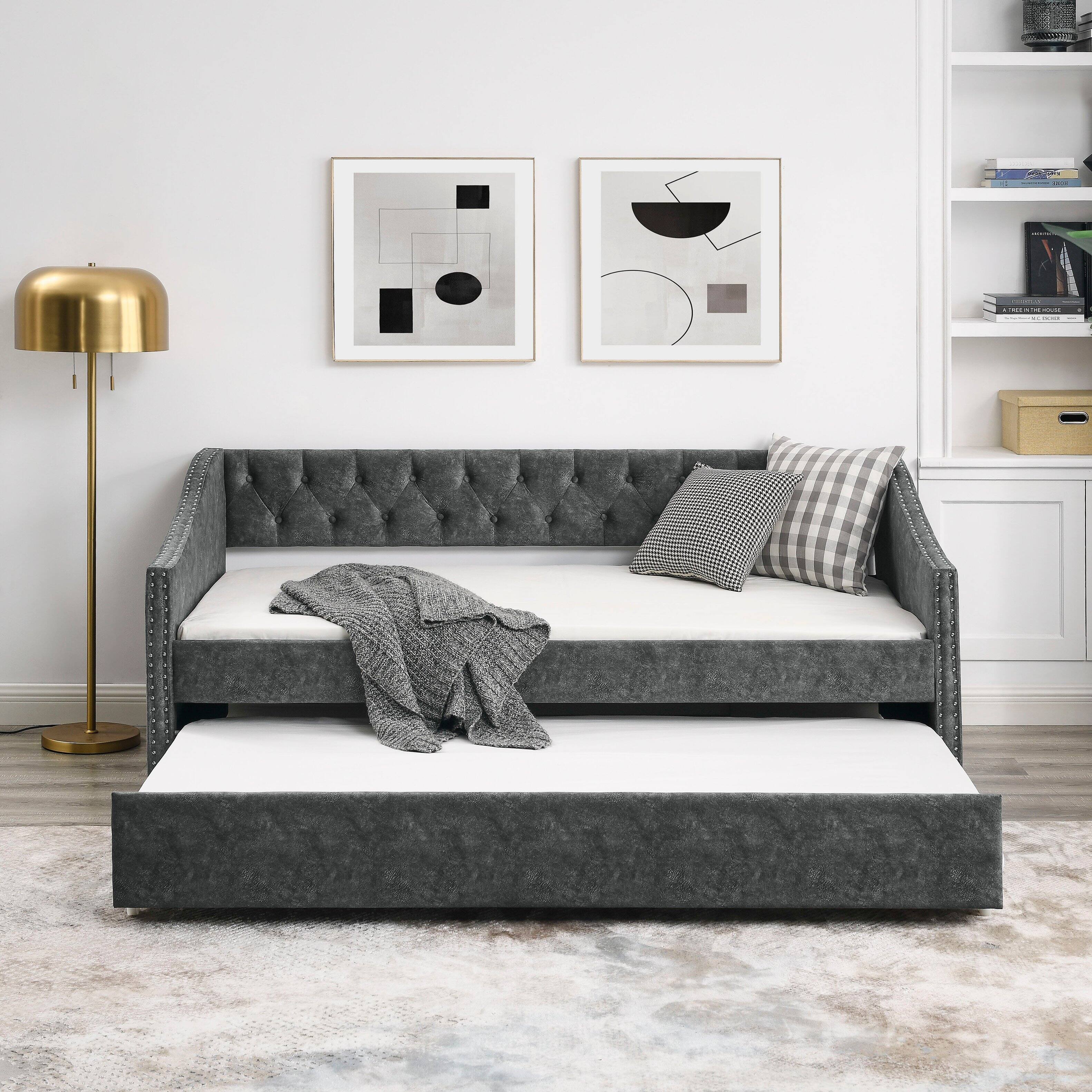 Alt View 1. Tiramisubest - Twin Size Daybed with Twin Size Trundle Upholstered Tufted Sofa Bed, Grey (80.5"x41"x30.5") - Grey.
