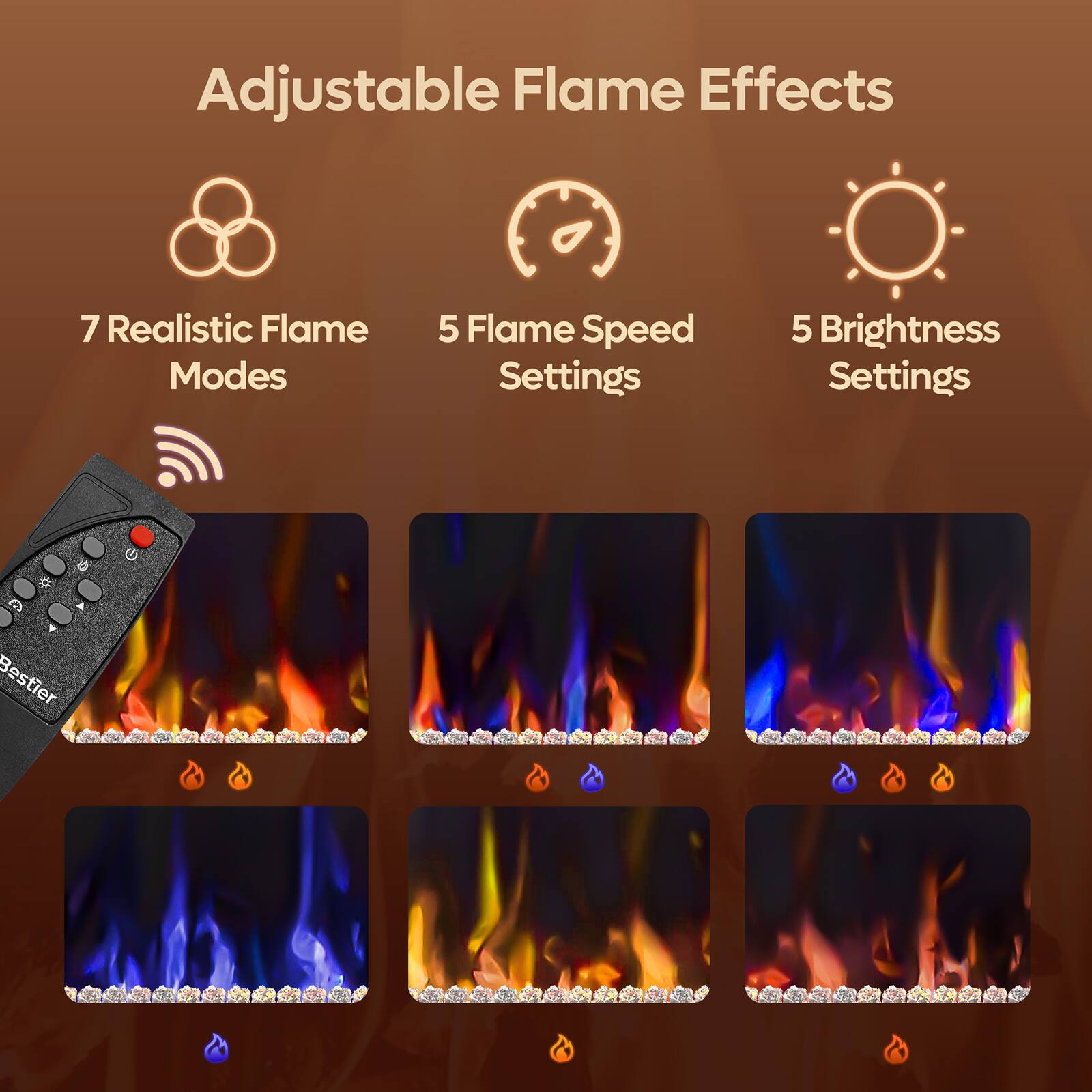 Adjustable Flame Effects:

1. 7 Realistic Flame Modes:
2. 5 Flame Speed Settings:
3. 5 Brightness Settings: