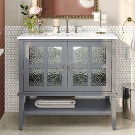 Loheer - 3 ft Bathroom Vanity with Ceramic Sink, Adjustable Shelf, Open Storage, Soft Close Hinges - Gray