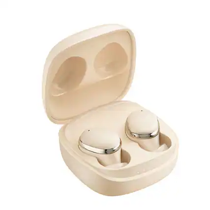 Front. PRIMEPLUS - E30 True Wireless Earbuds, Bluetooth 5.3 Headphones with 360°Spatial Audio, Earbud Touch Controls, 28H Battery - Beige.
