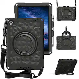UUCOVER - Kids Case for iPad 9th/8th/7th Generation 10.2 inch Shockproof EVA Handle Stand Cover with Shoulder Strap - Black