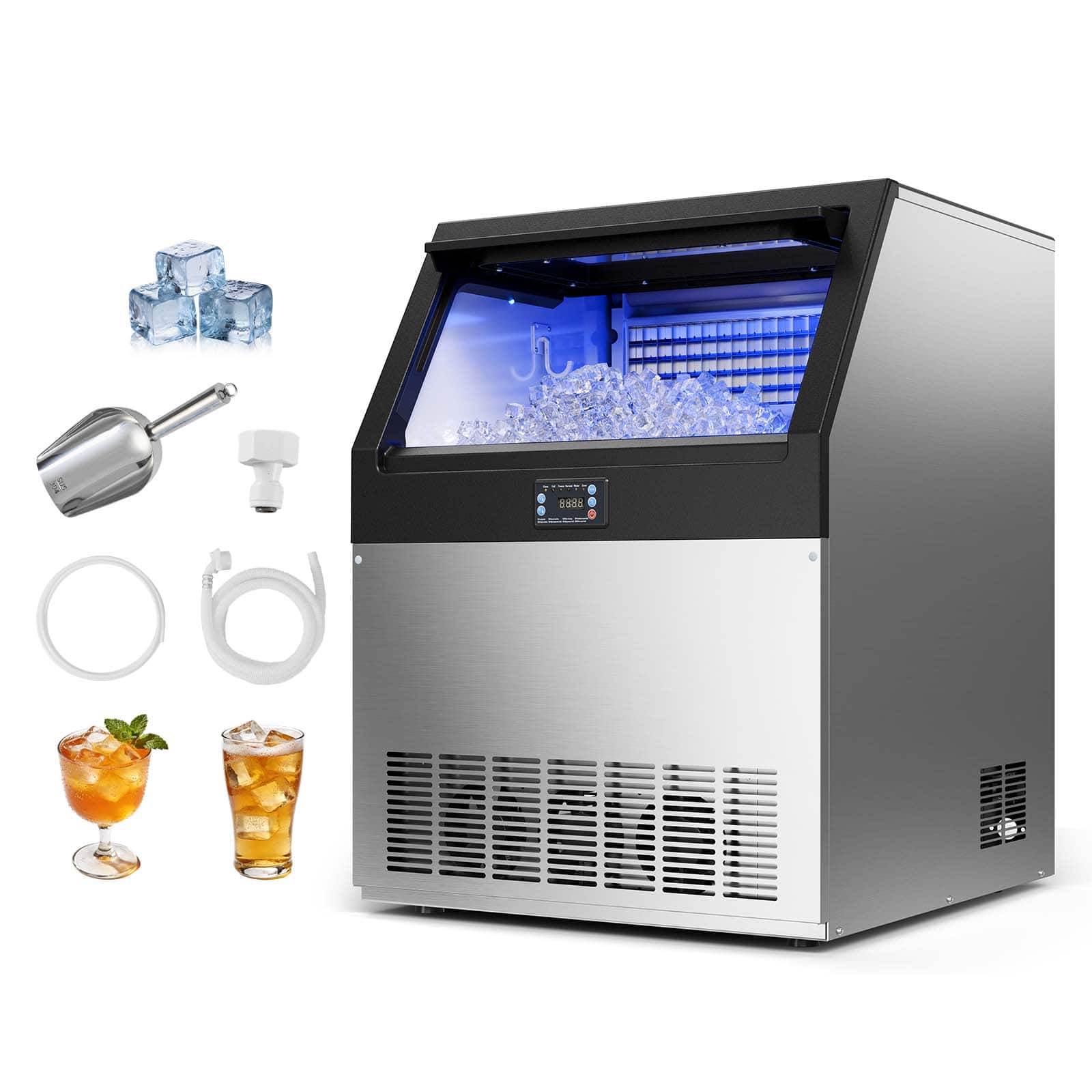VEVOR - Commercial Ice Maker Machine, 265 lbs/24h with 85 lbs Storage Capacity, Built-in/Freestanding/Under Counter - Stainless steel color