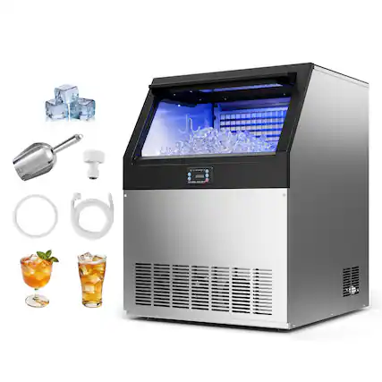 Front. VEVOR - Commercial Ice Maker Machine, 265 lbs/24h with 85 lbs Storage Capacity, Built-in/Freestanding/Under Counter - Stainless steel color.