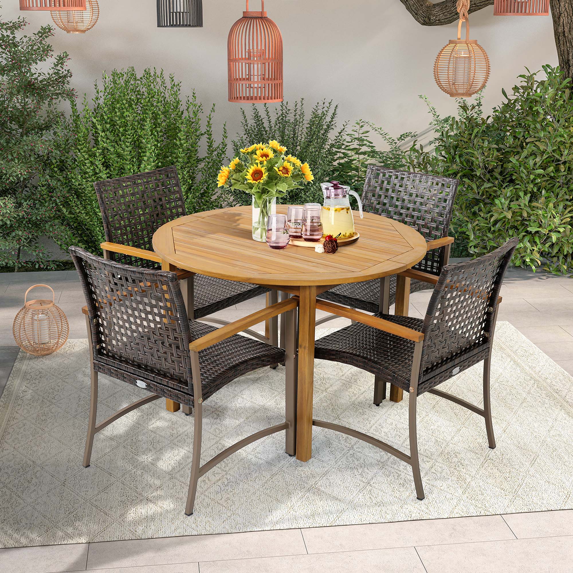 Alt View 1. Costway - Costway Set of 4 Patio Dining Chairs Outdoor Wicker Armchairs with Acacia Wood Armrests - Mix Brown,Natural,Silver.