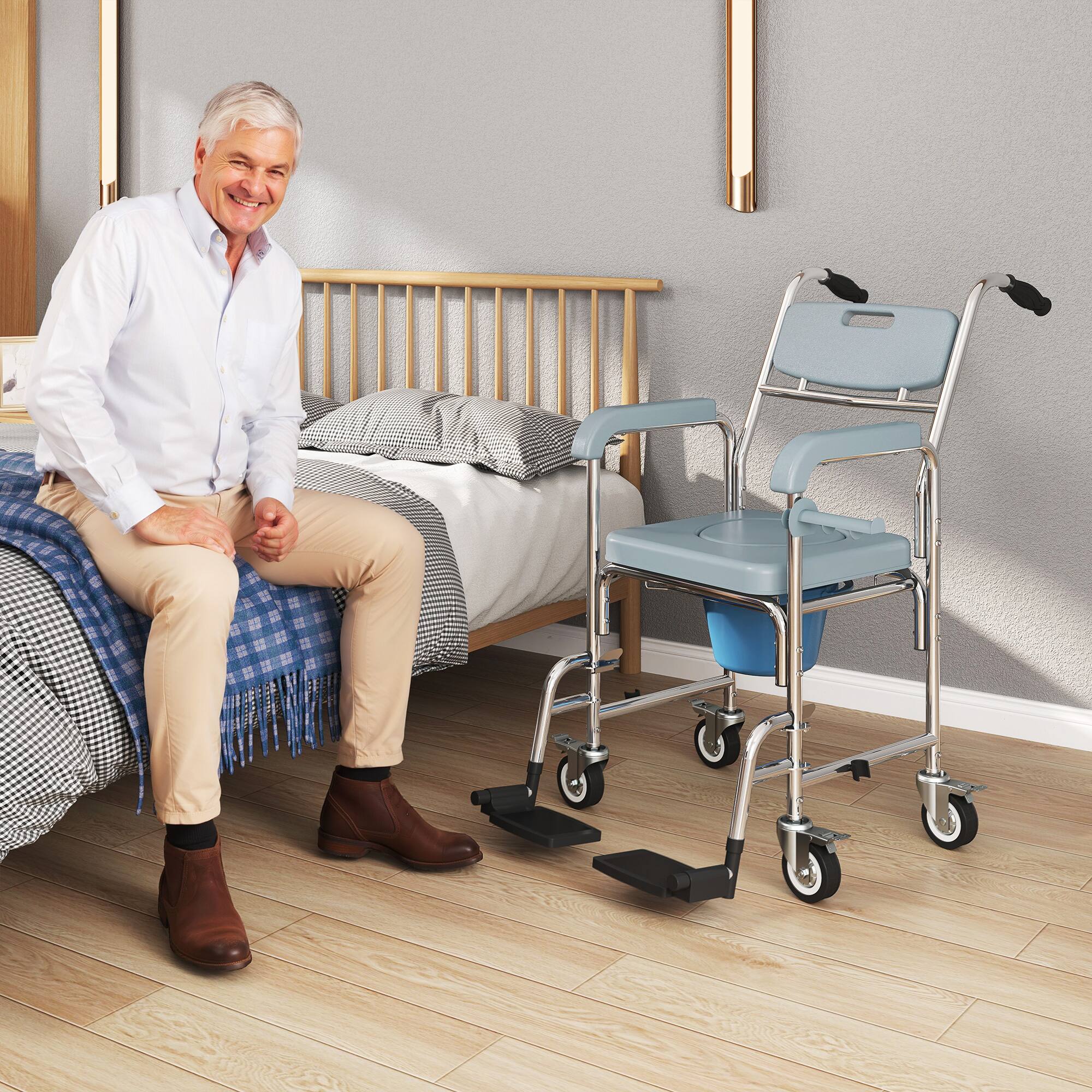 Alt View 1. Homcom - Shower Chair with Wheels 4 in 1, Bedside Commode Wheelchair with Seat, Backrest, Arms, Shower Commode Chair for Seniors - Gray.