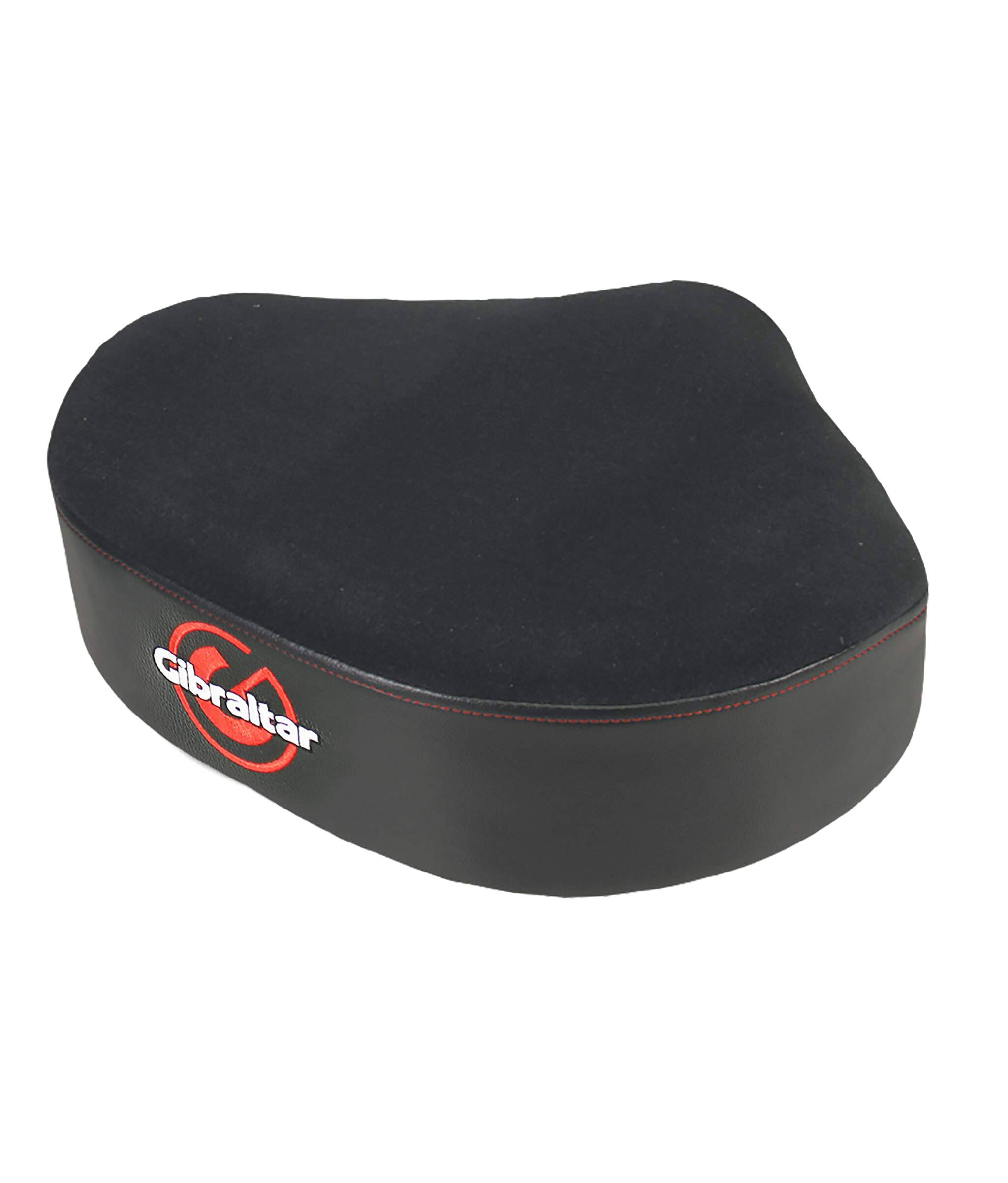 Angle. Gibraltar Hardware - 9000 Series Drum Throne Seat, 18" Oversized Cordura Saddle, with Memory Foam Comfort & PVC Leather Sides, Stitched Logo.