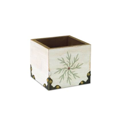 Front. Melrose - Square Snowflake Christmas Storage Box - 4.5" - White and Green - Green.