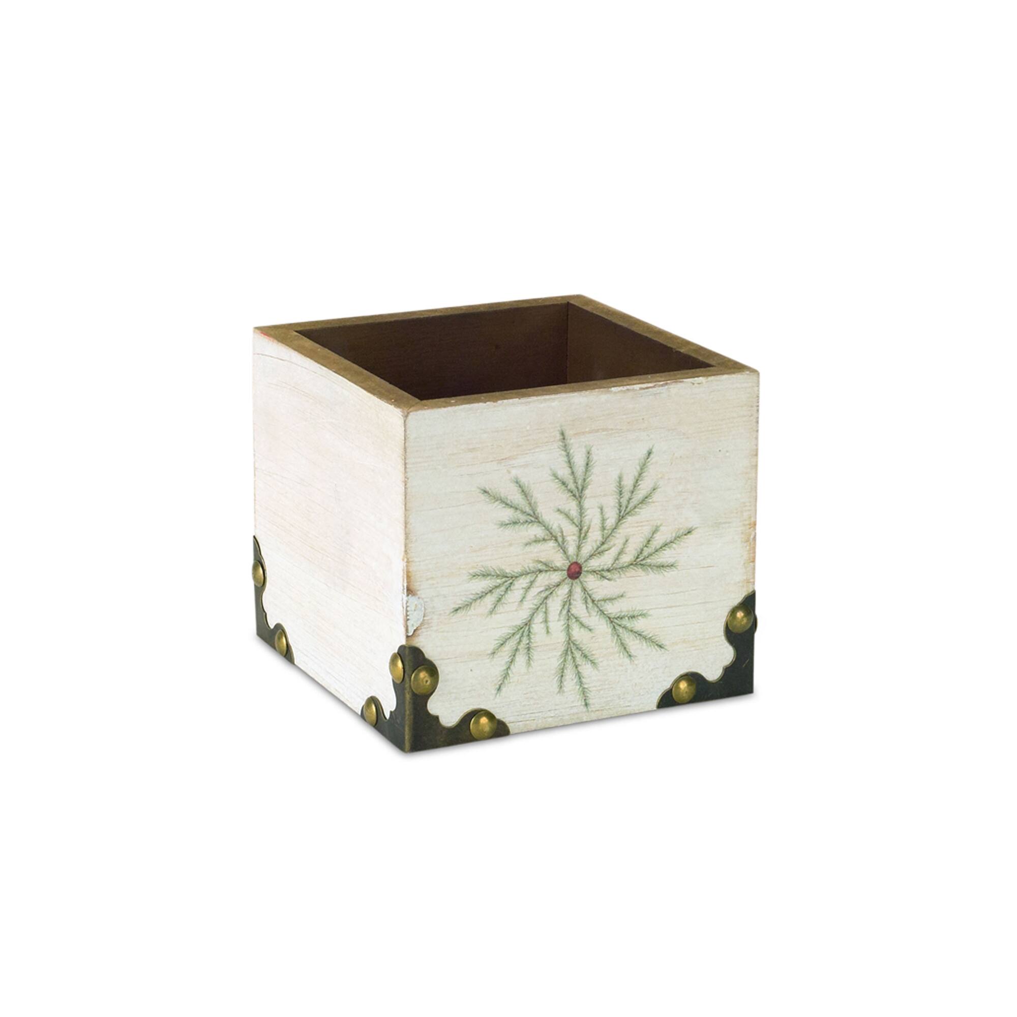 Front. Melrose - Square Snowflake Christmas Storage Box - 4.5" - White and Green - Green.