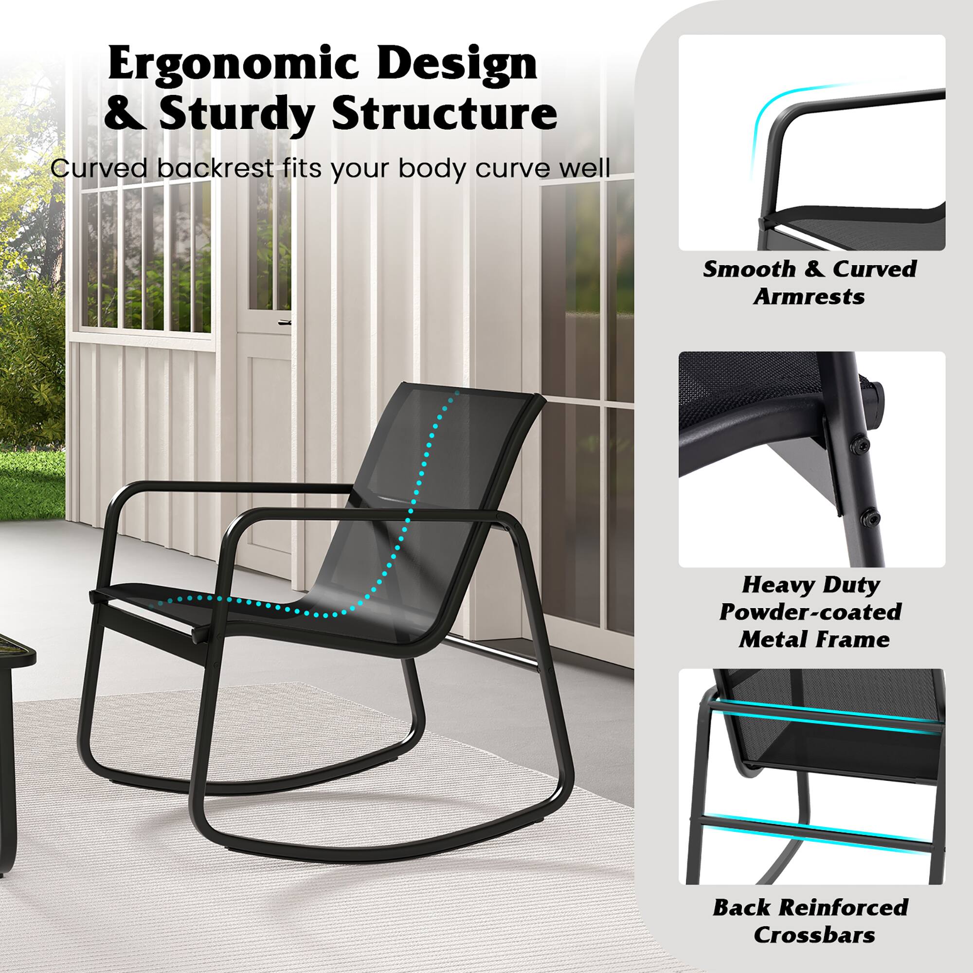 Ergonomic Design & Sturdy Structure  
Curved backrest fits your body curve well  

Smooth & Curved Armrests  

Heavy Duty Powder-coated Metal Frame  

Back Reinforced Crossbars