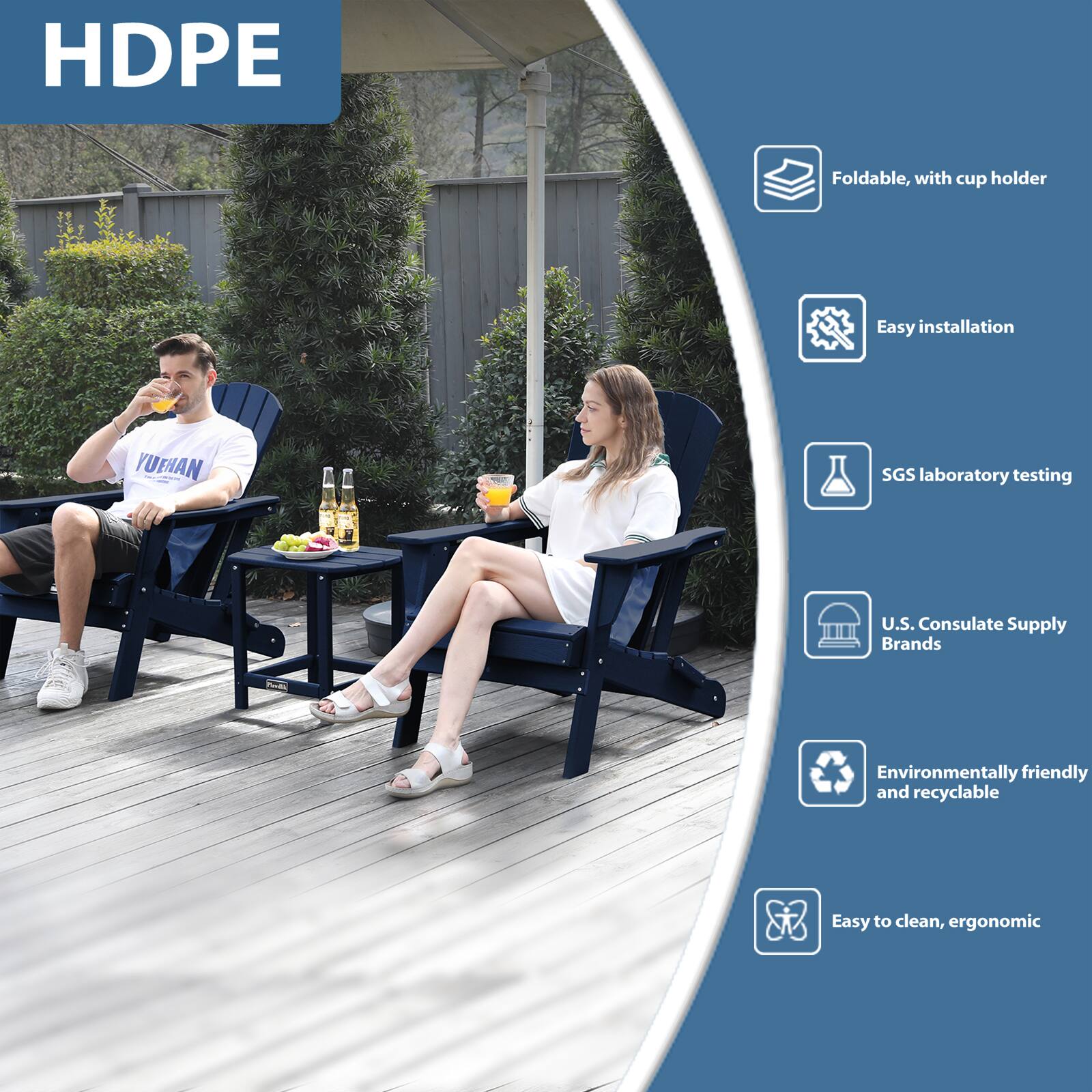 HDPE

- Foldable, with cup holder
- Easy installation
- SGS laboratory testing
- U.S. Consulate Supply Brands
- Environmentally friendly and recyclable
- Easy to clean, ergonomic