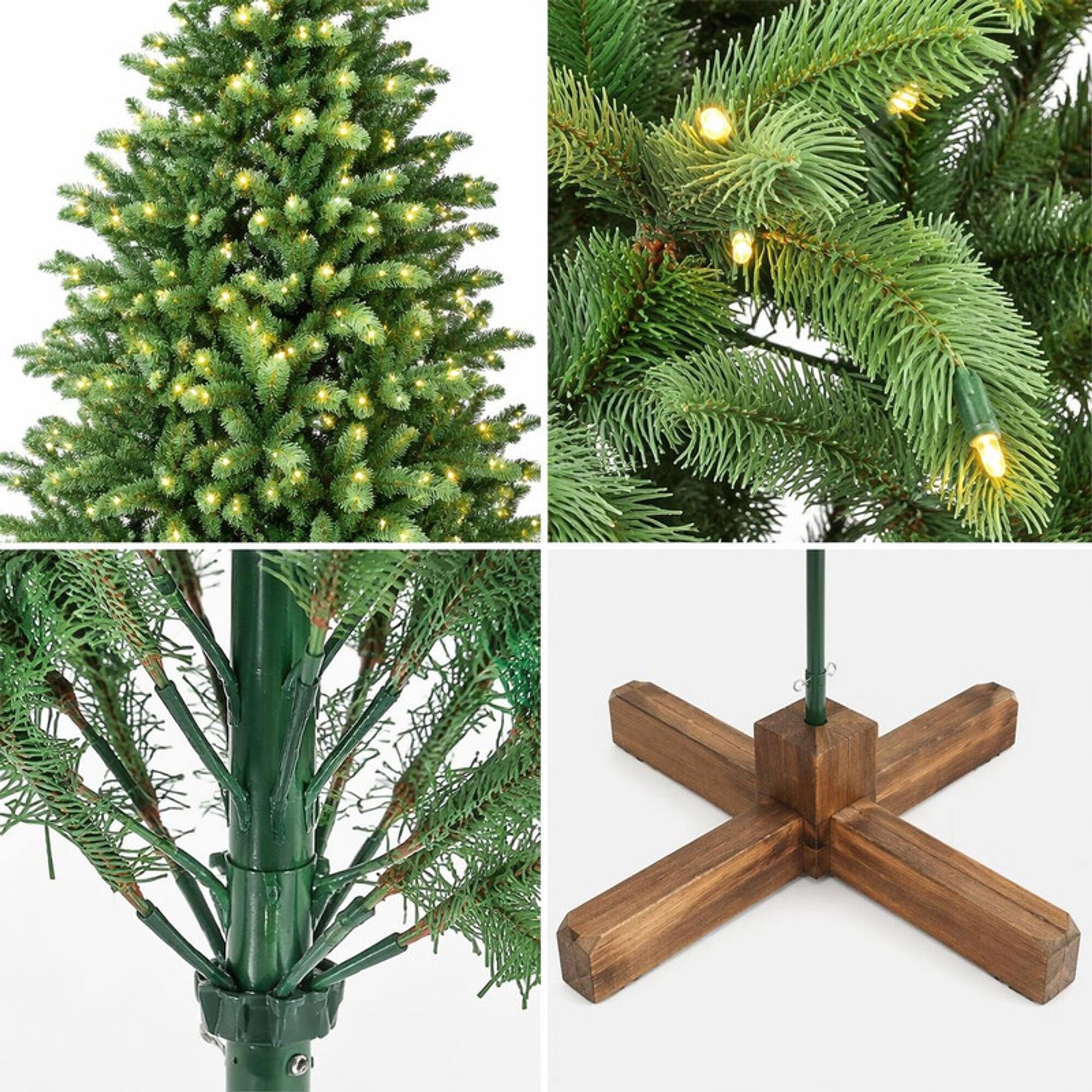 Left. RYHNUYNE - 7FT Pre-Lit Christmas Tree, 400 Warm White LED Lights 941 PE+PVC Tips Realistic Layered Look Unique Wooden Base - Green.