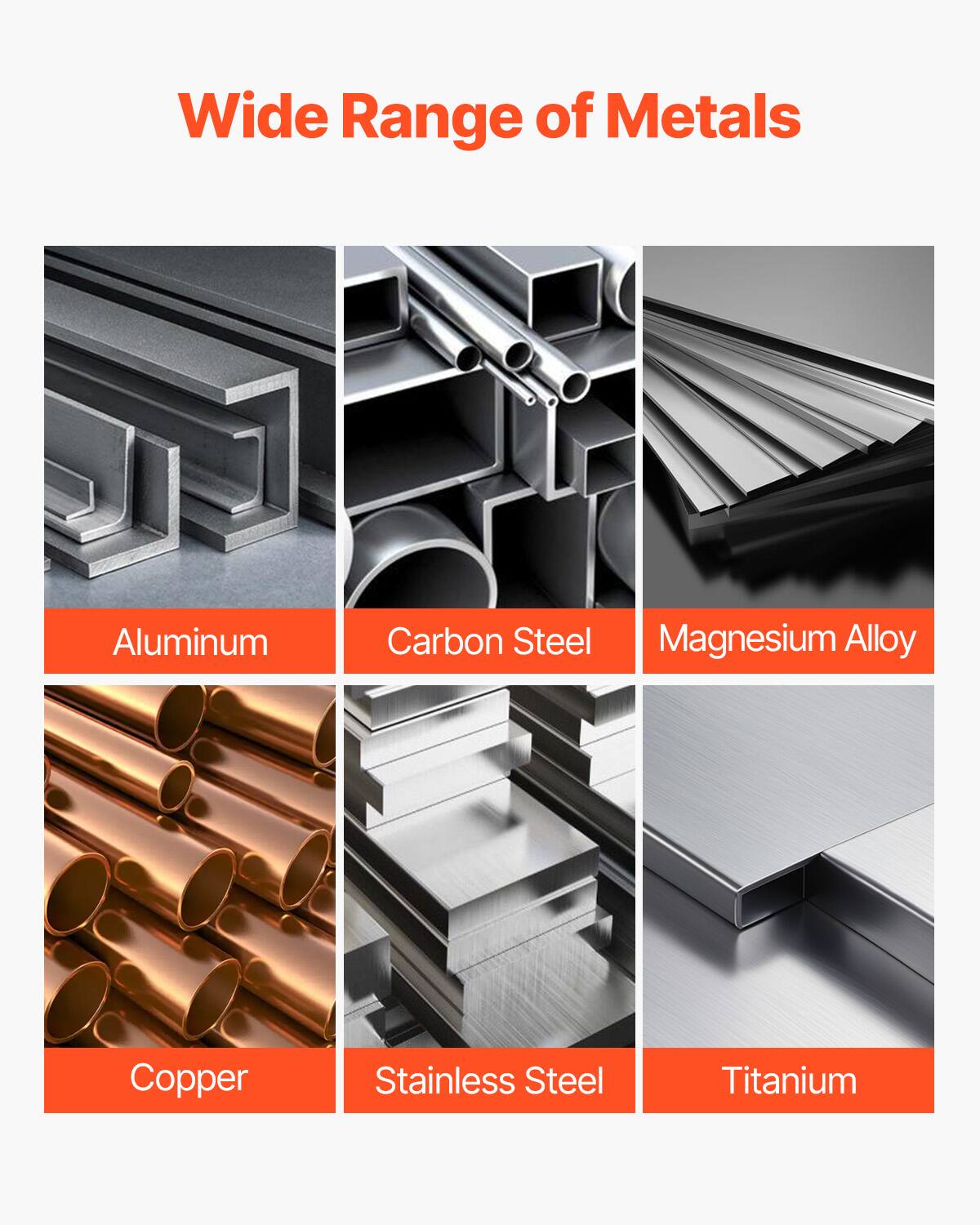 Wide Range of Metals  
- Aluminum  
- Carbon Steel  
- Magnesium Alloy  
- Copper  
- Stainless Steel  
- Titanium