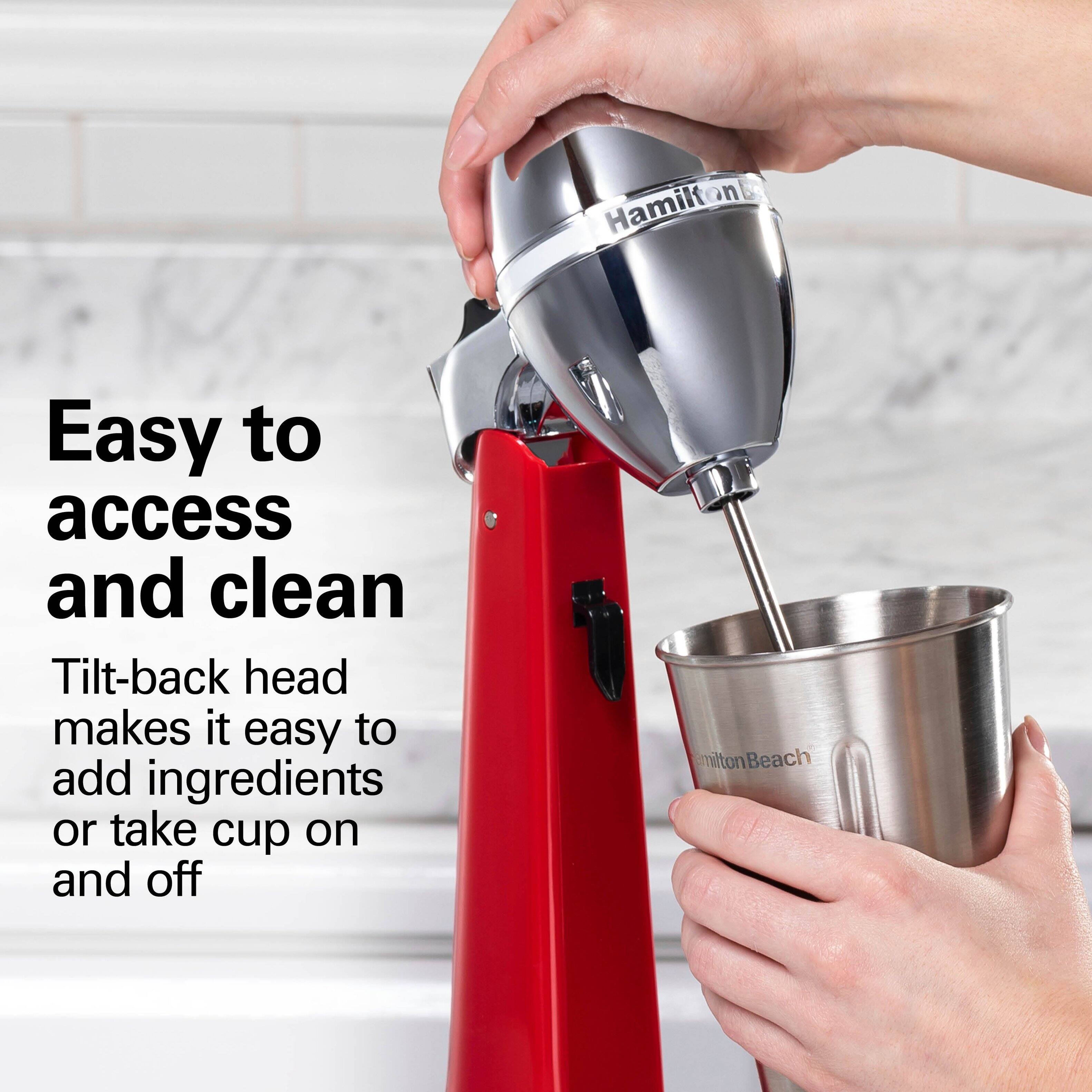 Easy to access and clean  
Tilt-back head makes it easy to add ingredients or take cup on and off  
Hamilton Beach