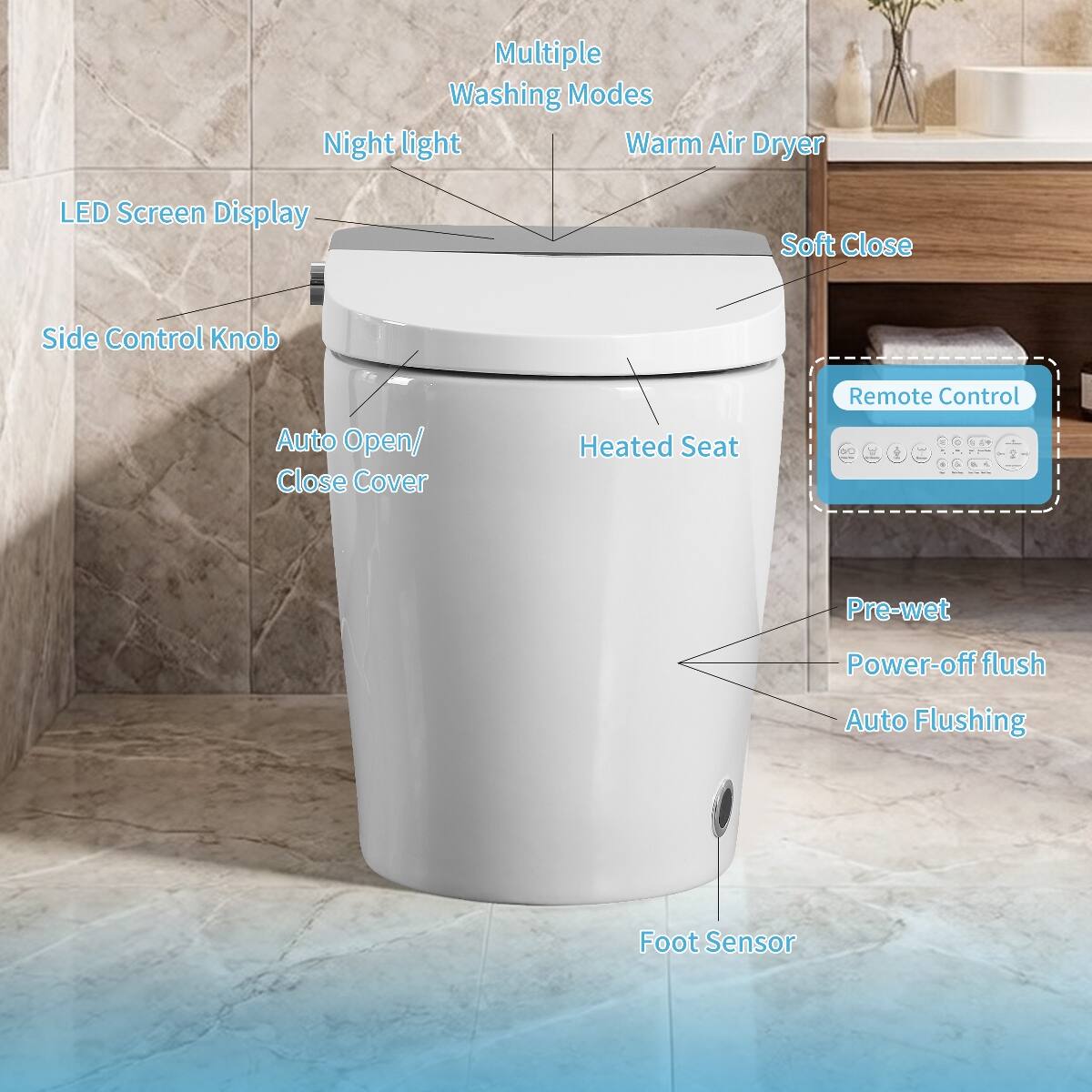 Multiple Washing Modes  
Night light  
Warm Air Dryer  
LED Screen Display  
Soft Close  
Side Control Knob  
Auto Open/Close Cover  
Heated Seat  
Remote Control  
Pre-wet  
Power-off flush  
Auto Flushing  
Foot Sensor