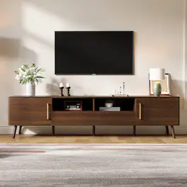 MERAVOM - Mid-Century Modern TV Stand for TVs Up to 85", Entertainment Center with Storage Cabinets, 2 Drawers & Open Shelves - Walnut