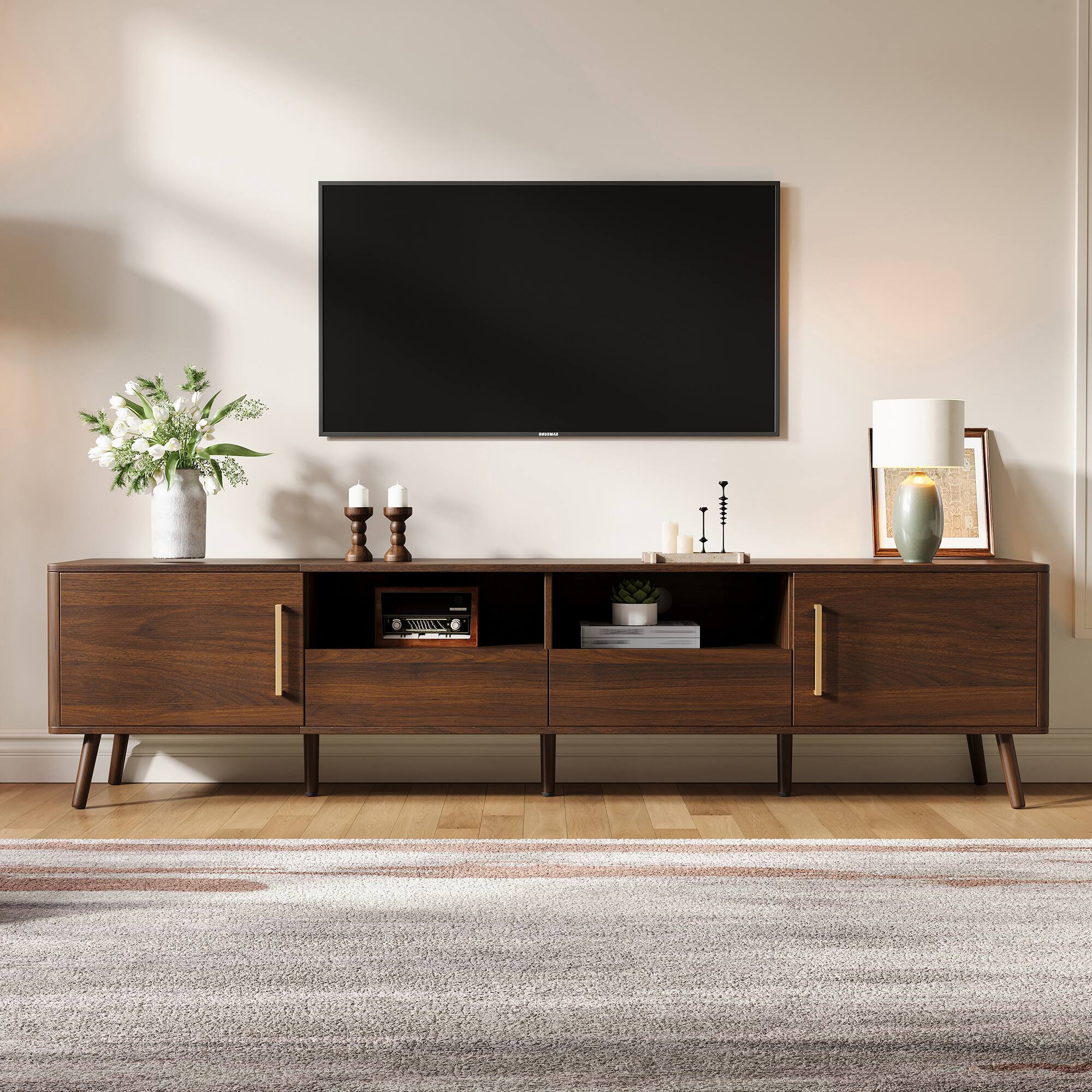 MERAVOM - Mid-Century Modern TV Stand for TVs Up to 85", Entertainment Center with Storage Cabinets, 2 Drawers & Open Shelves - Walnut