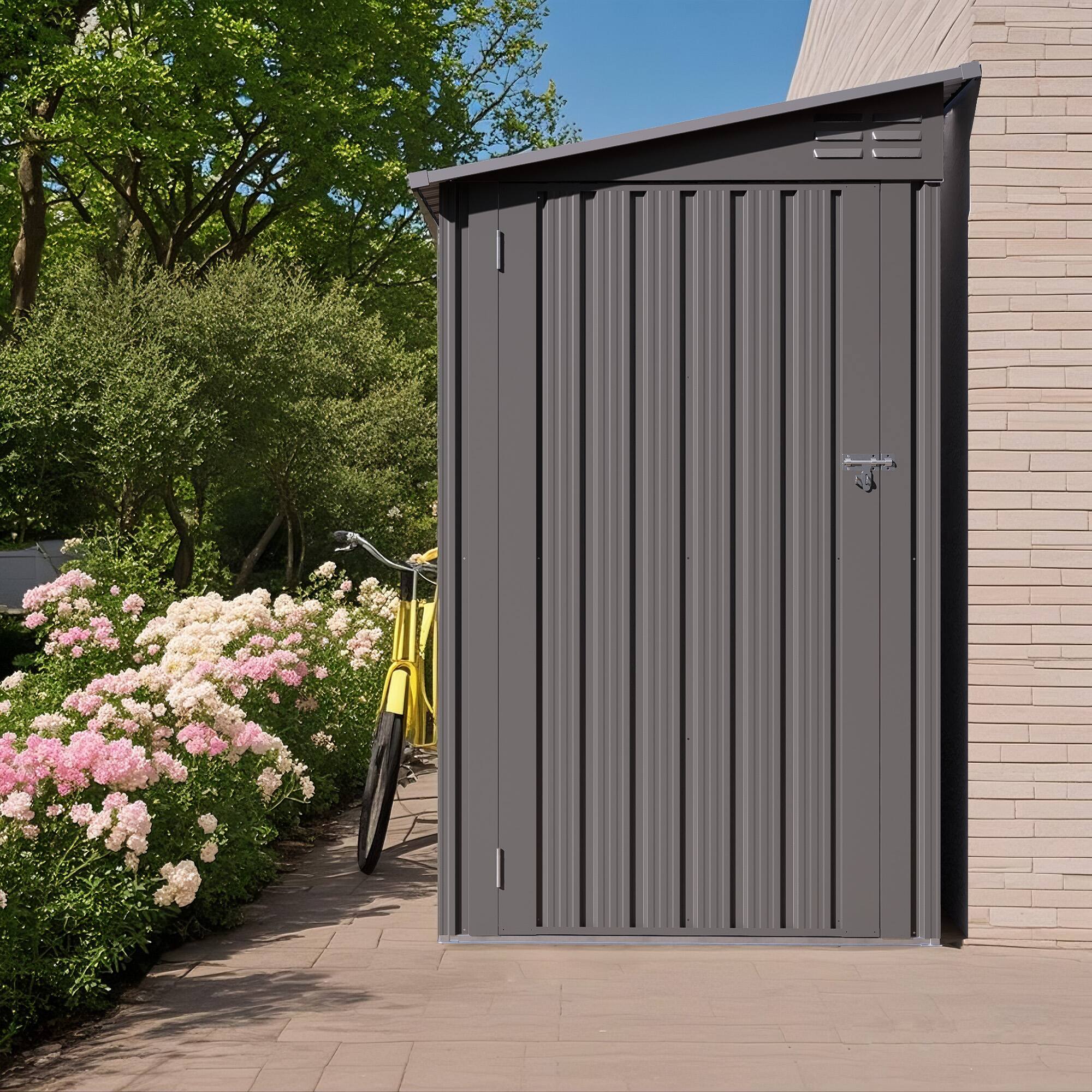 Alt View 4. APRILSOUL - 4 x 9 FT Outdoor Storage Shed Metal Garden Shed Tool House with Sloping Roof 2 vents and 1 Side Open Door - Gray.